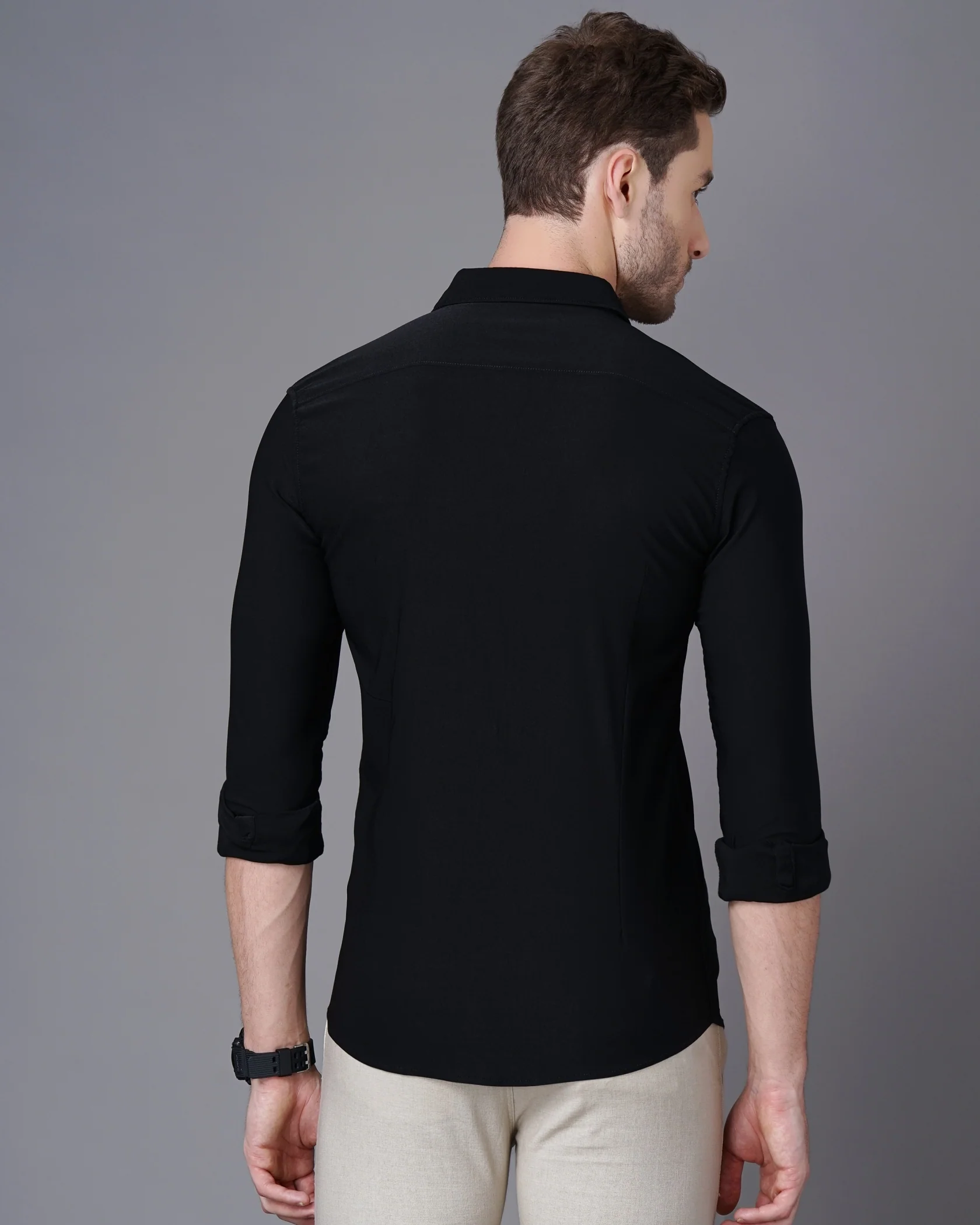 Men Black Cotton Slim Shirt - Image 5