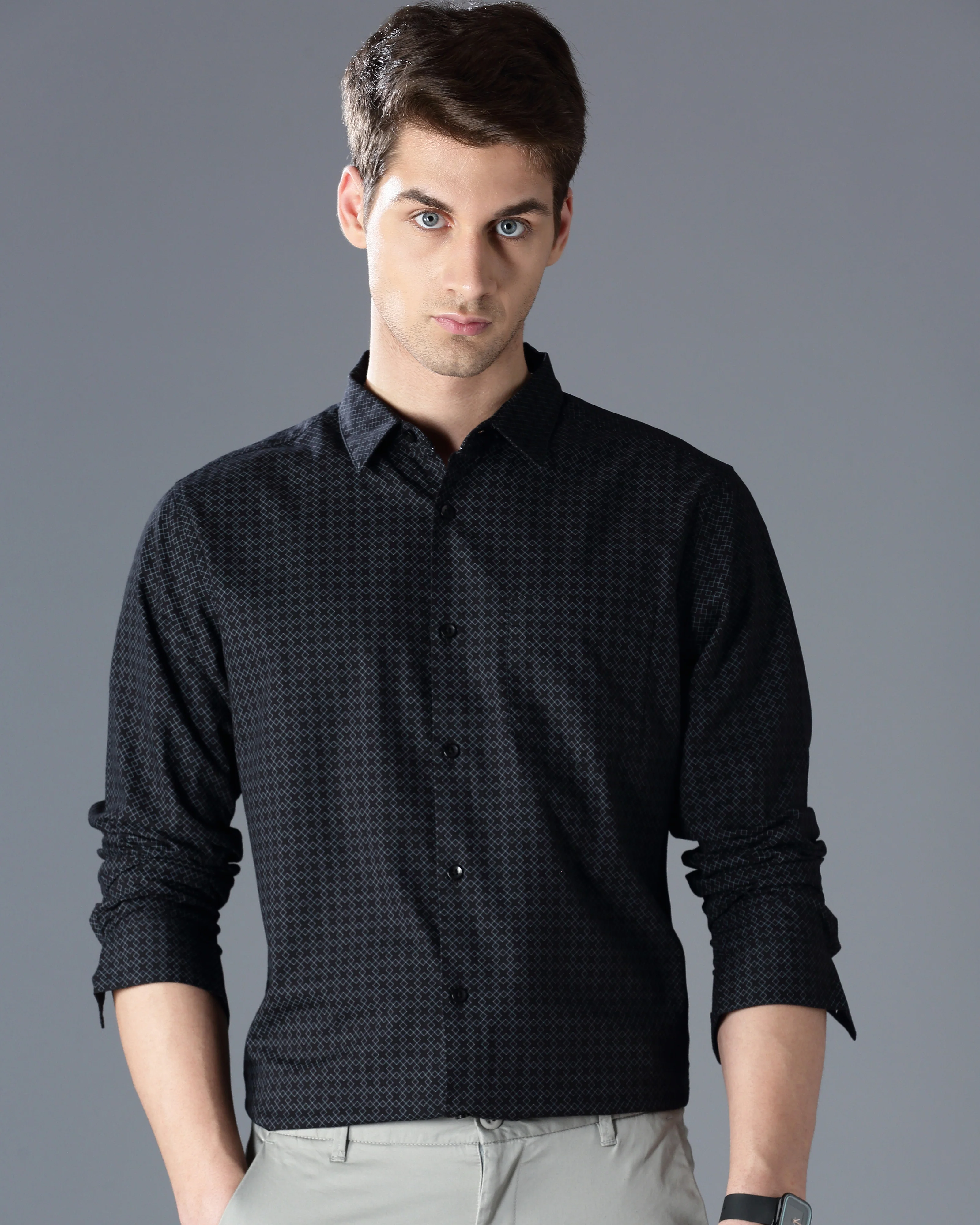 Men Black Cotton Slim Shirt - Image 5
