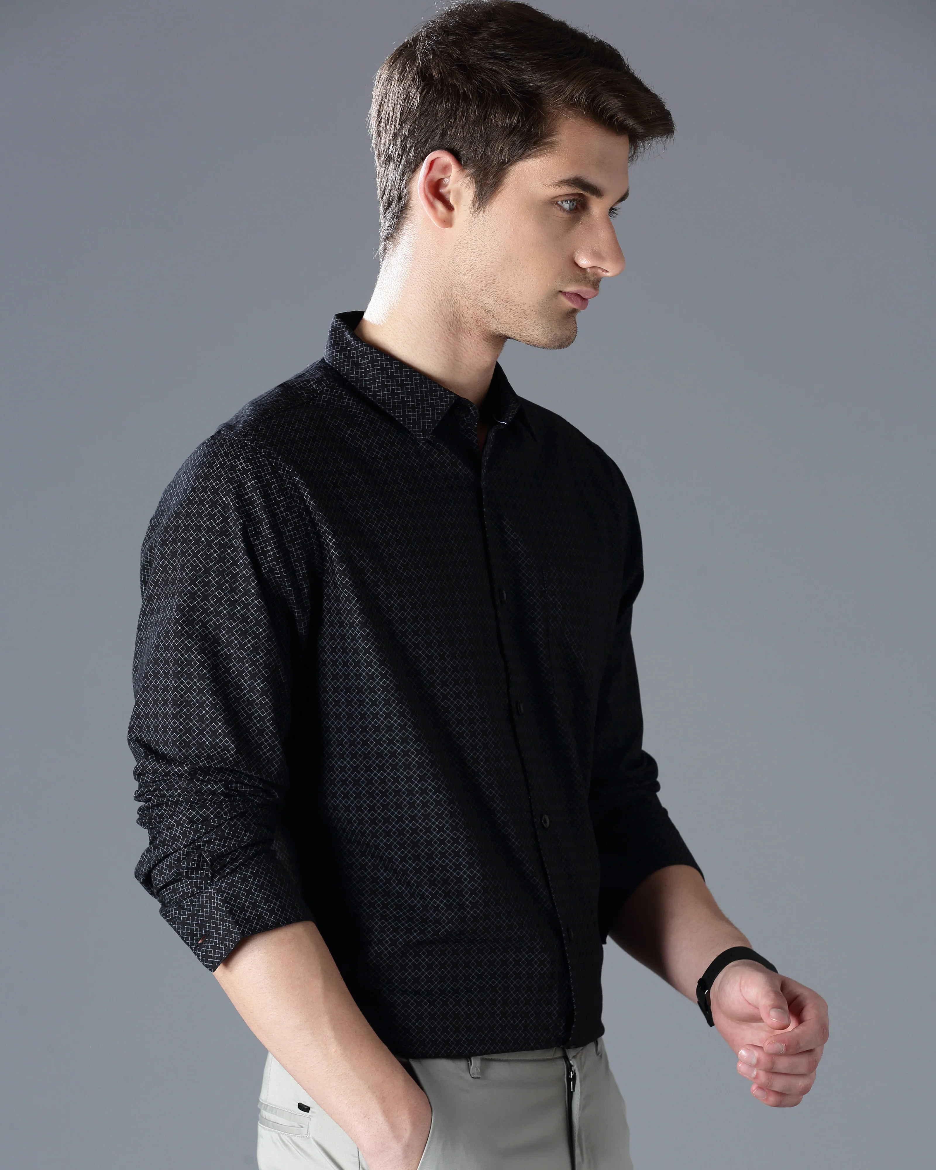 Men Black Cotton Slim Shirt - Image 6