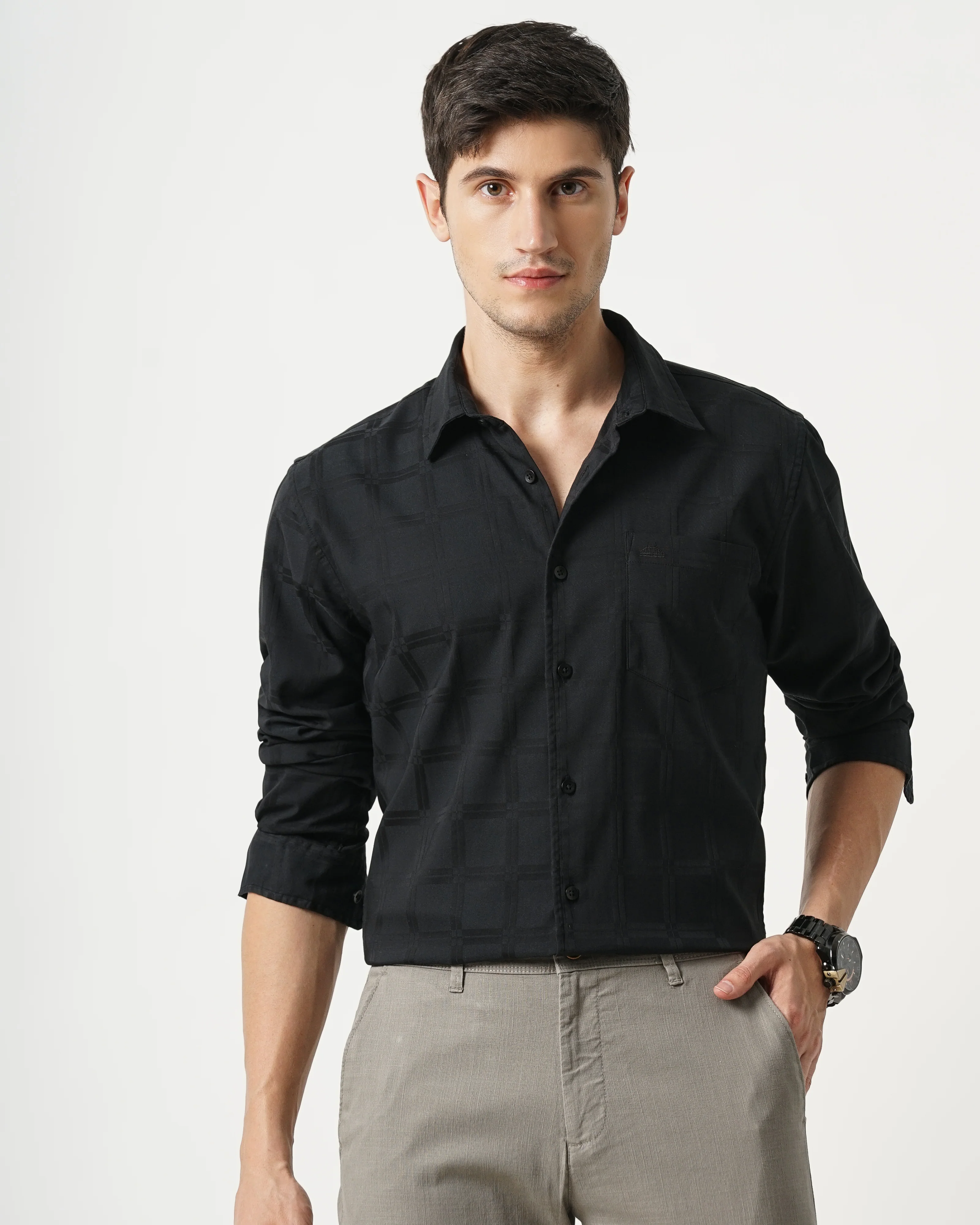 Men Black Cotton Slim Shirt - Image 4