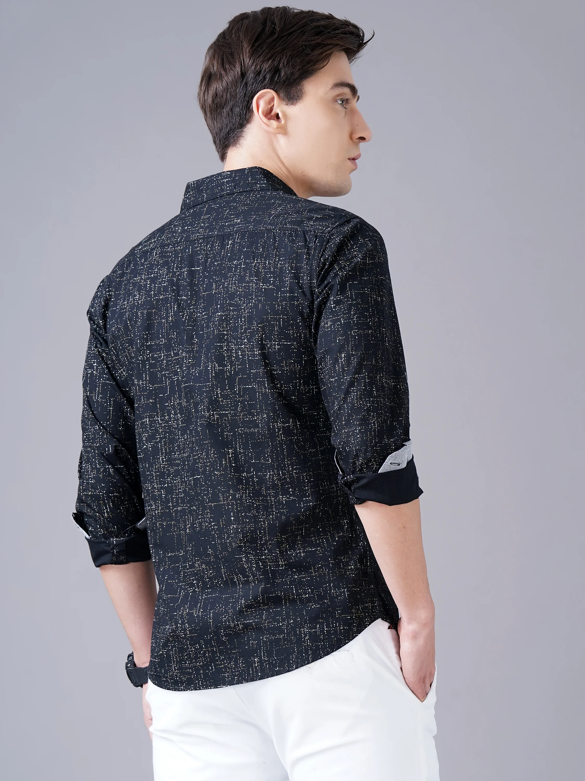 Men Black Cotton Slim Shirt - Image 3