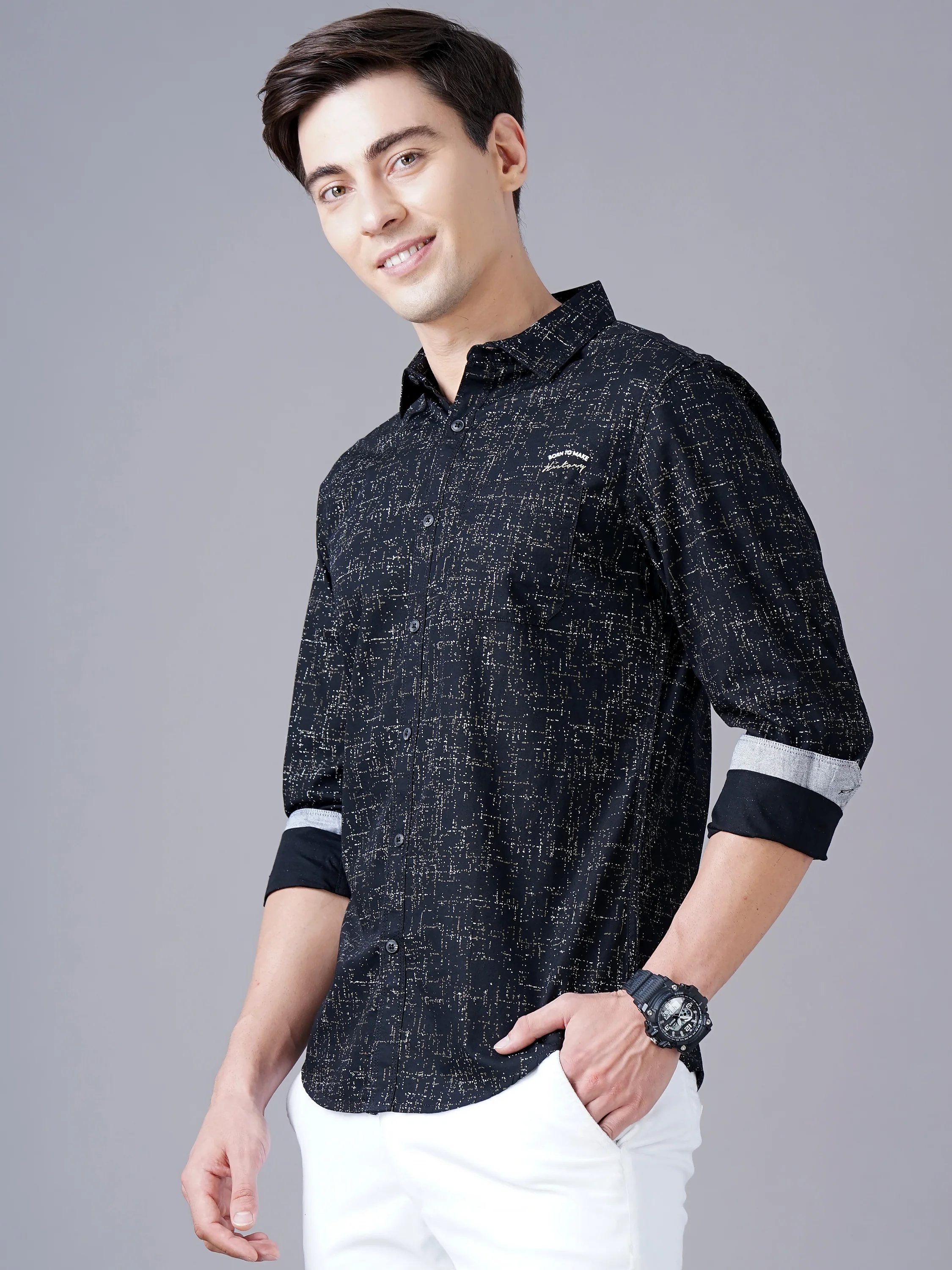 Men Black Cotton Slim Shirt - Image 5
