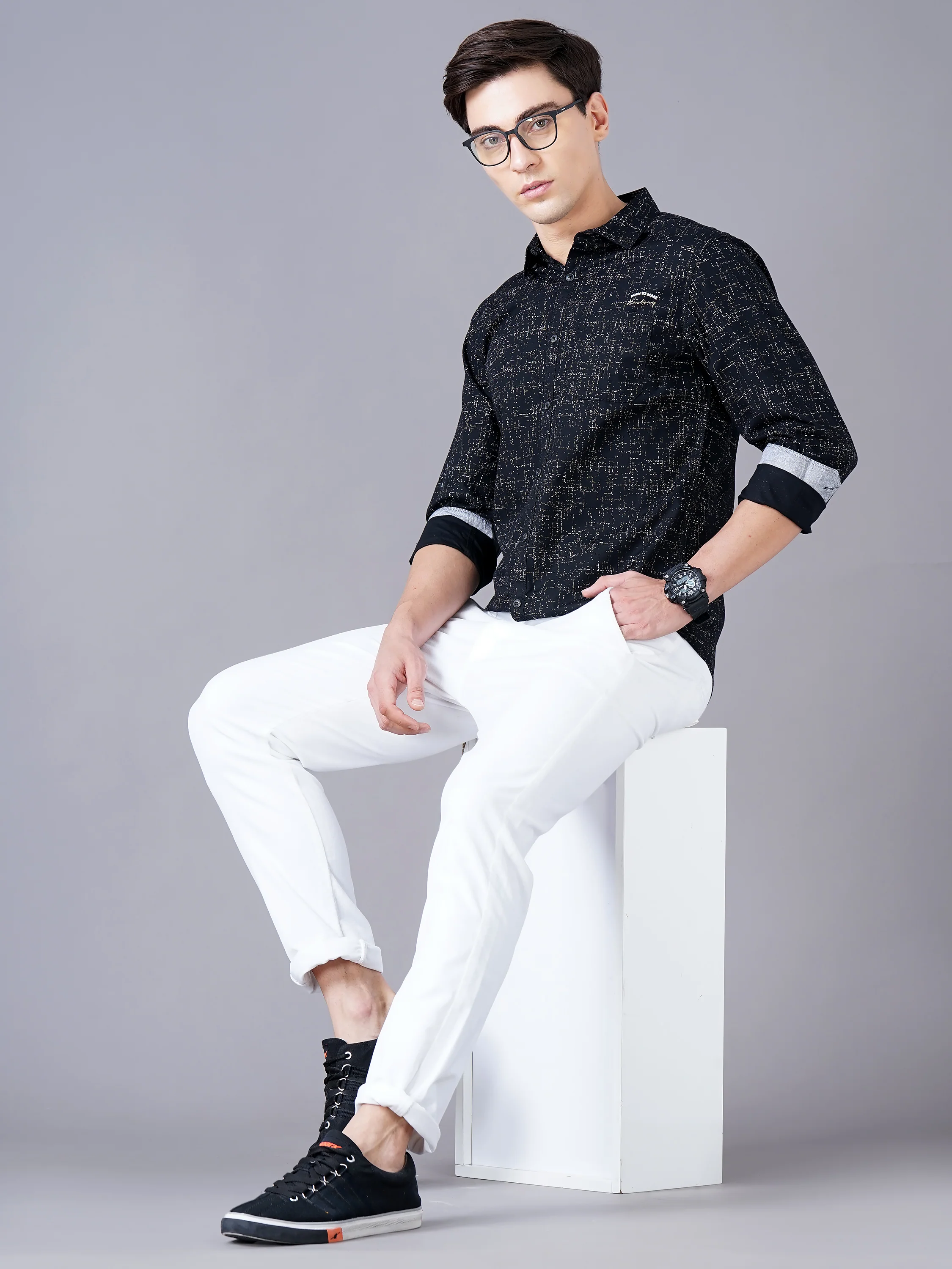 Men Black Cotton Slim Shirt - Image 6