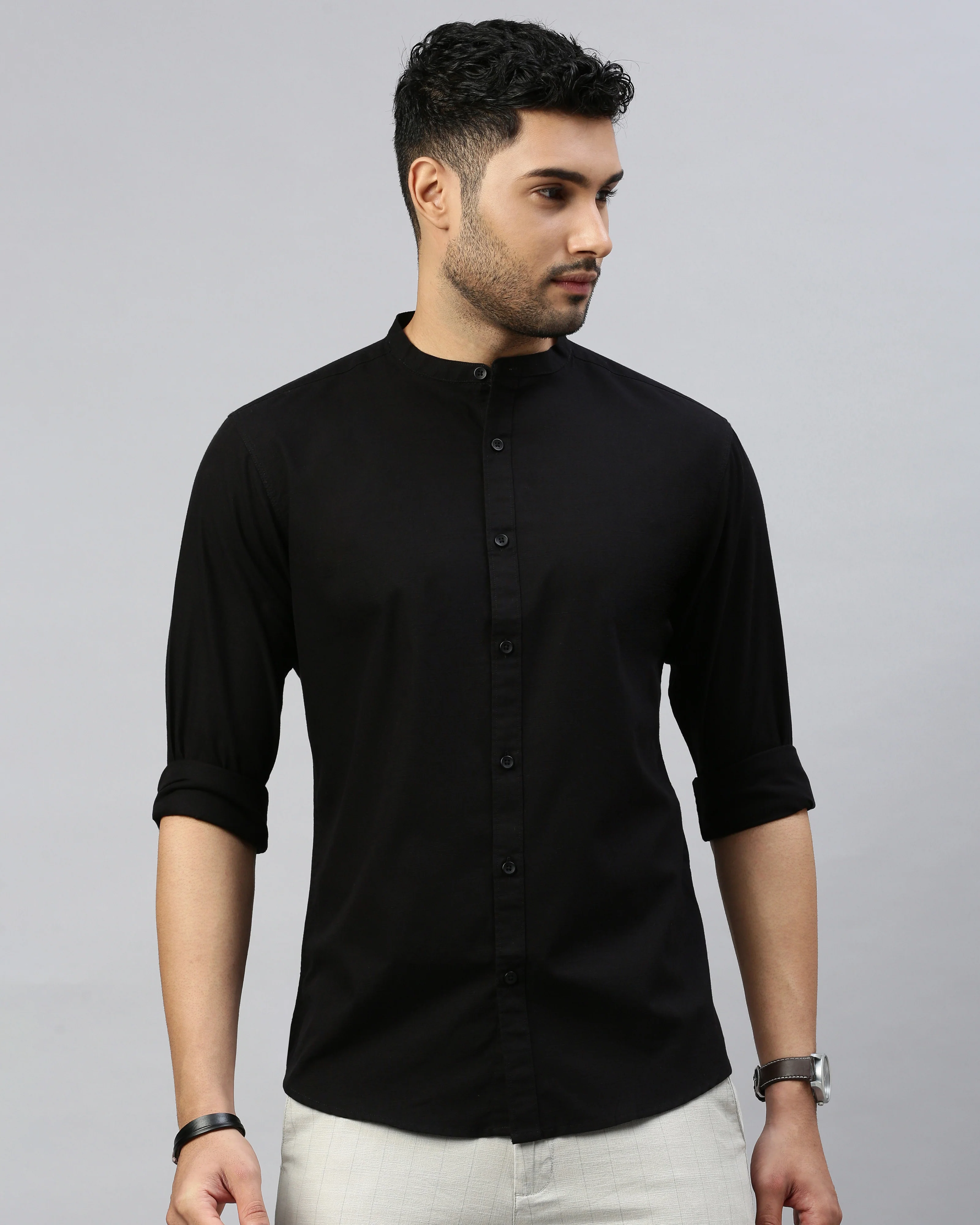 Men Black Cotton Slim Shirt - Image 2