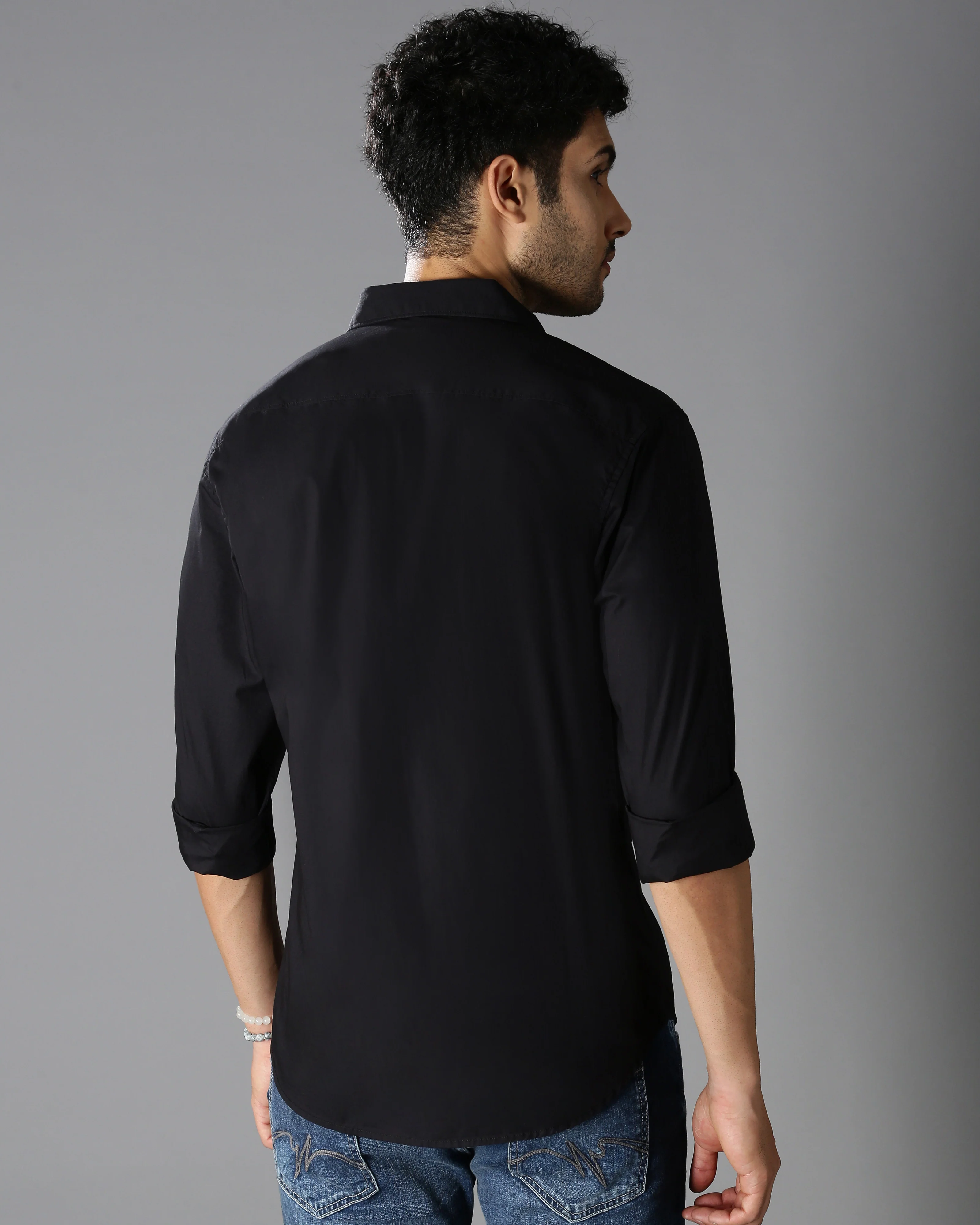 Men Black Cotton Slim Shirt - Image 5
