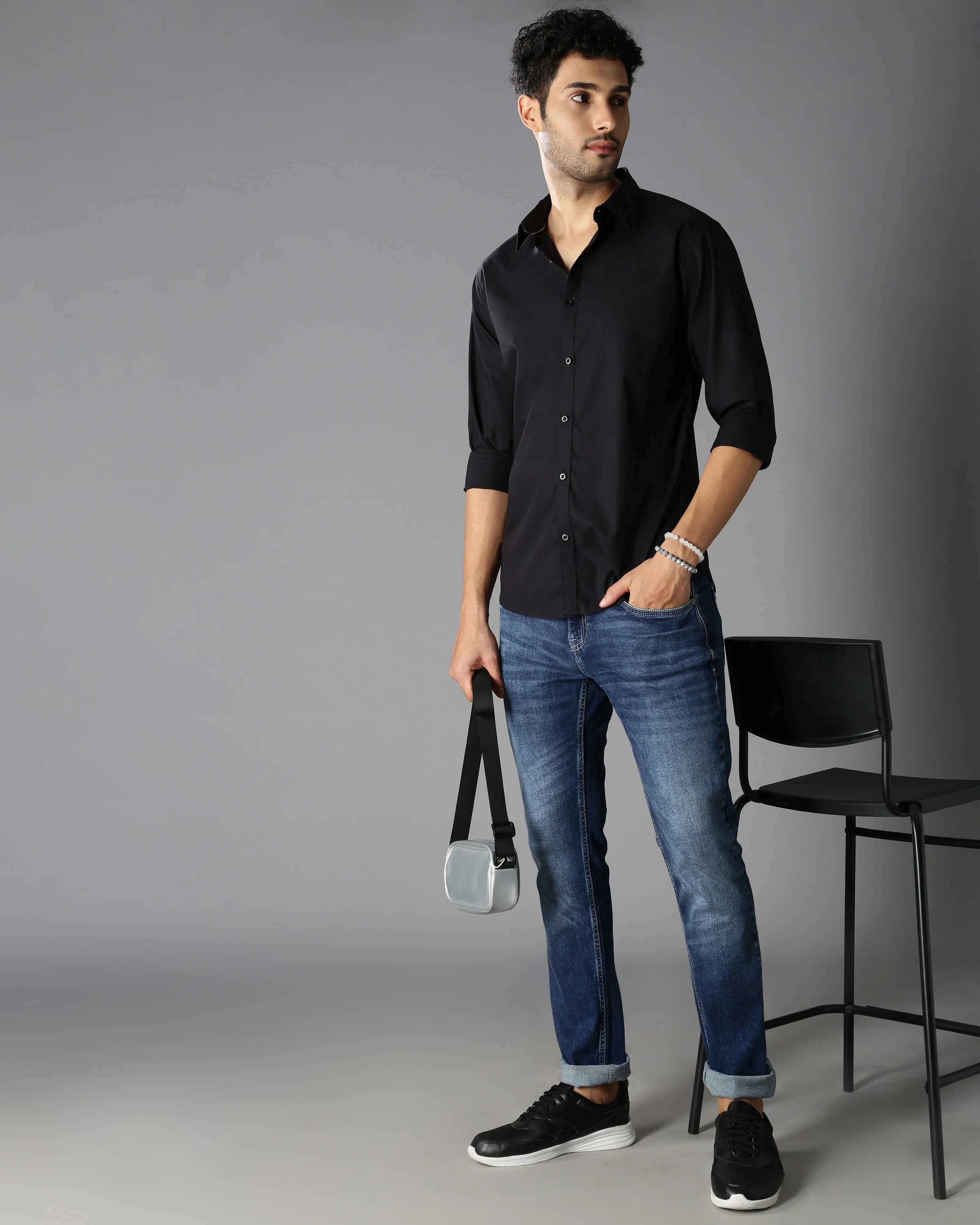 Men Black Cotton Slim Shirt - Image 6
