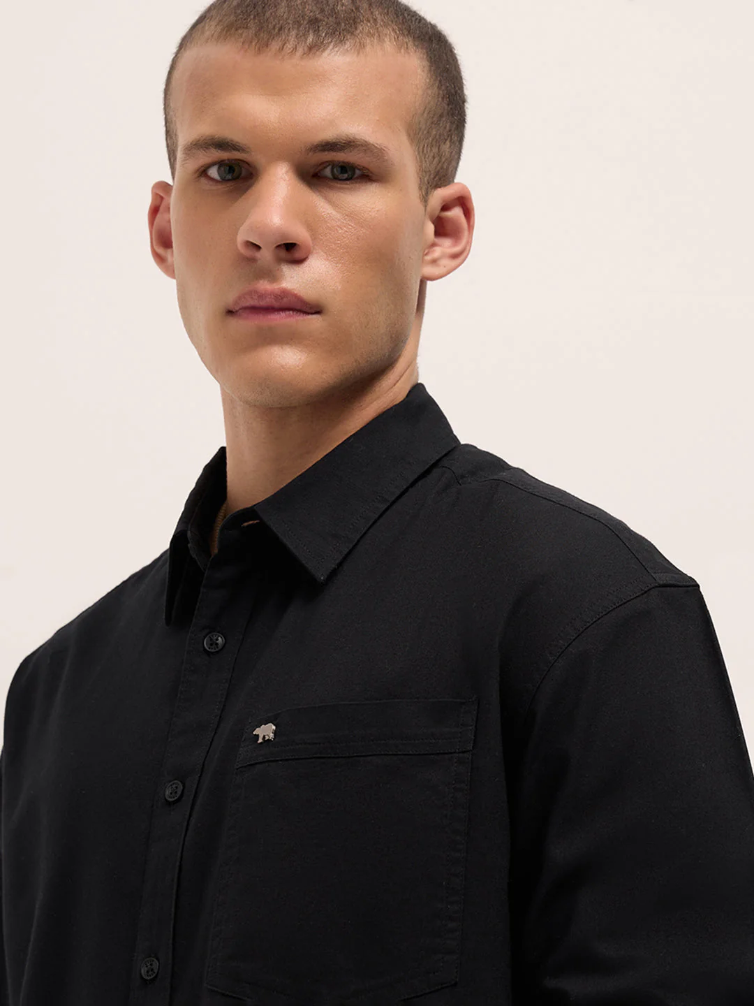 Men Black Cotton Solid Relaxed Fit Overshirt - Image 5