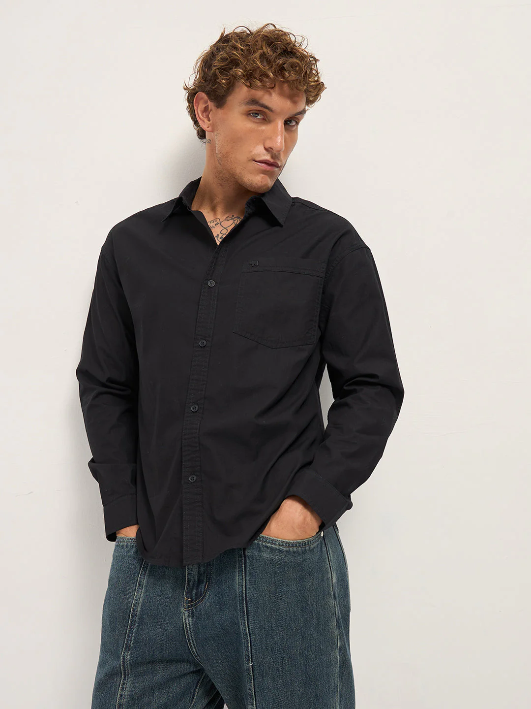 Men Black Cotton Solid Relaxed Fit Overshirt