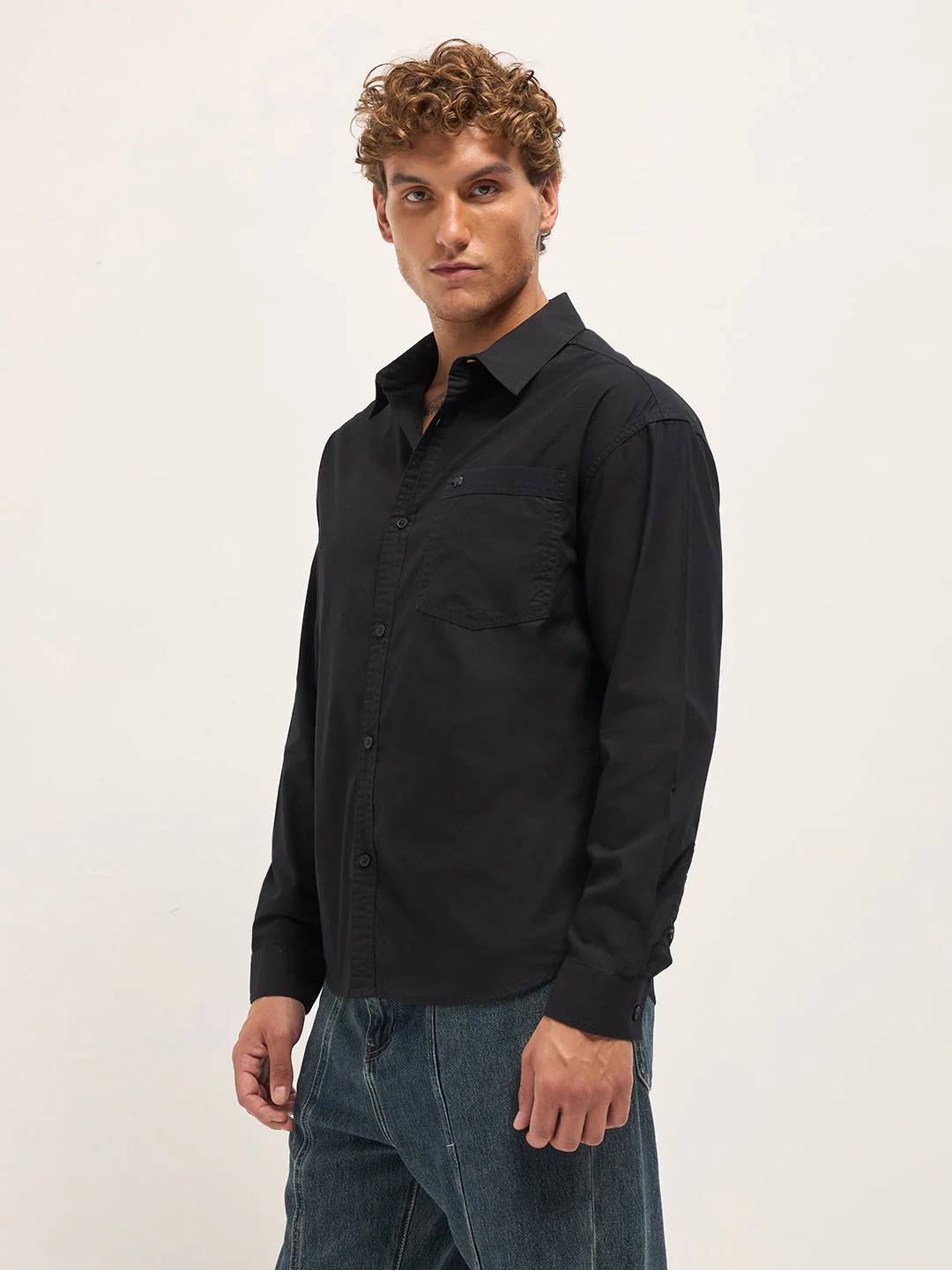 Men Black Cotton Solid Relaxed Fit Overshirt - Image 3
