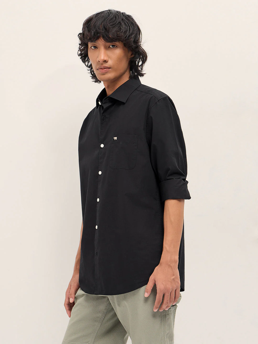 Men Black Cotton Solid Slim Fit Casual Shirt - Image 3