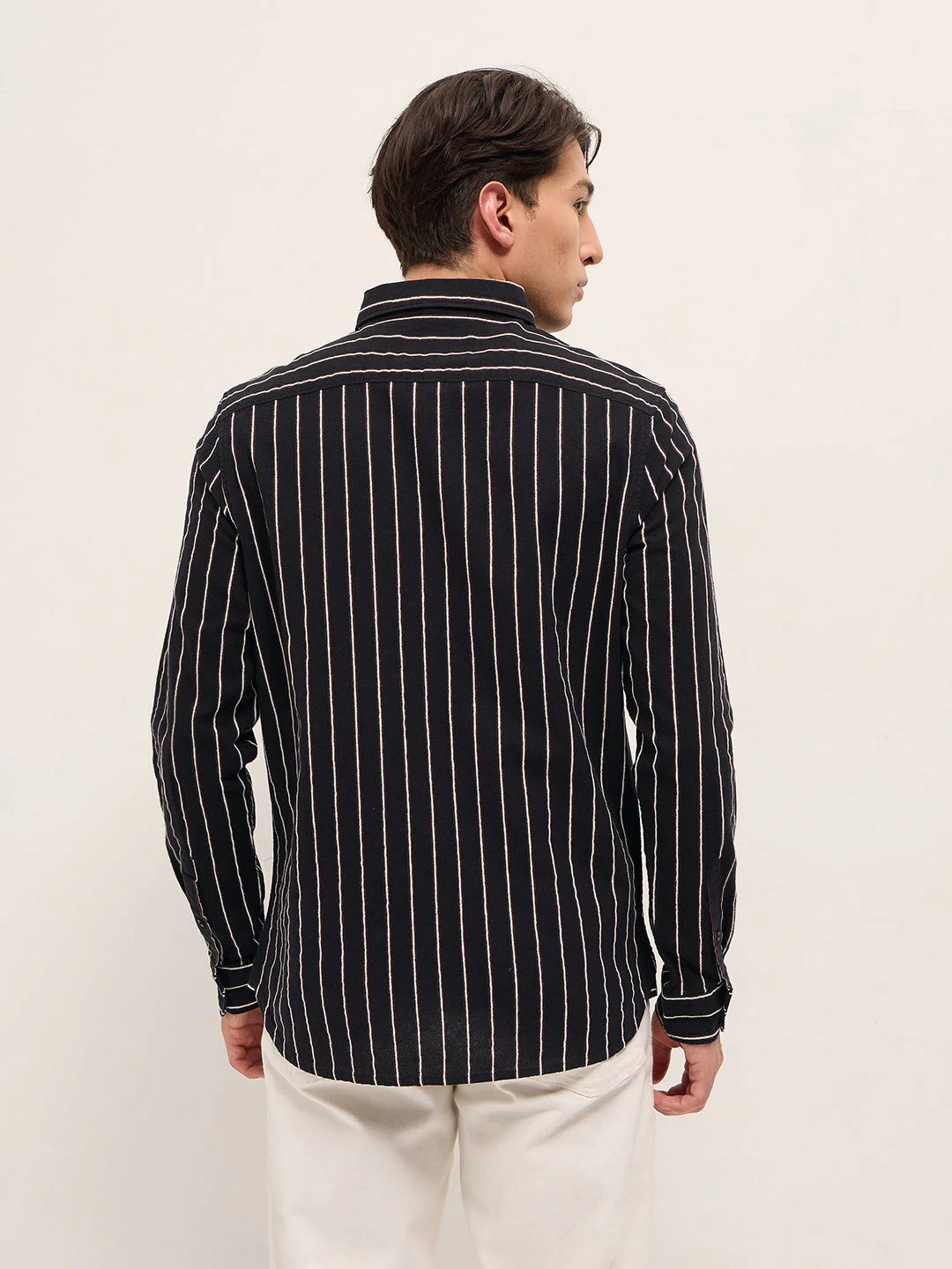 Men Black Cotton Woven Stripes Slim Fit Casual Shirt - Image 2