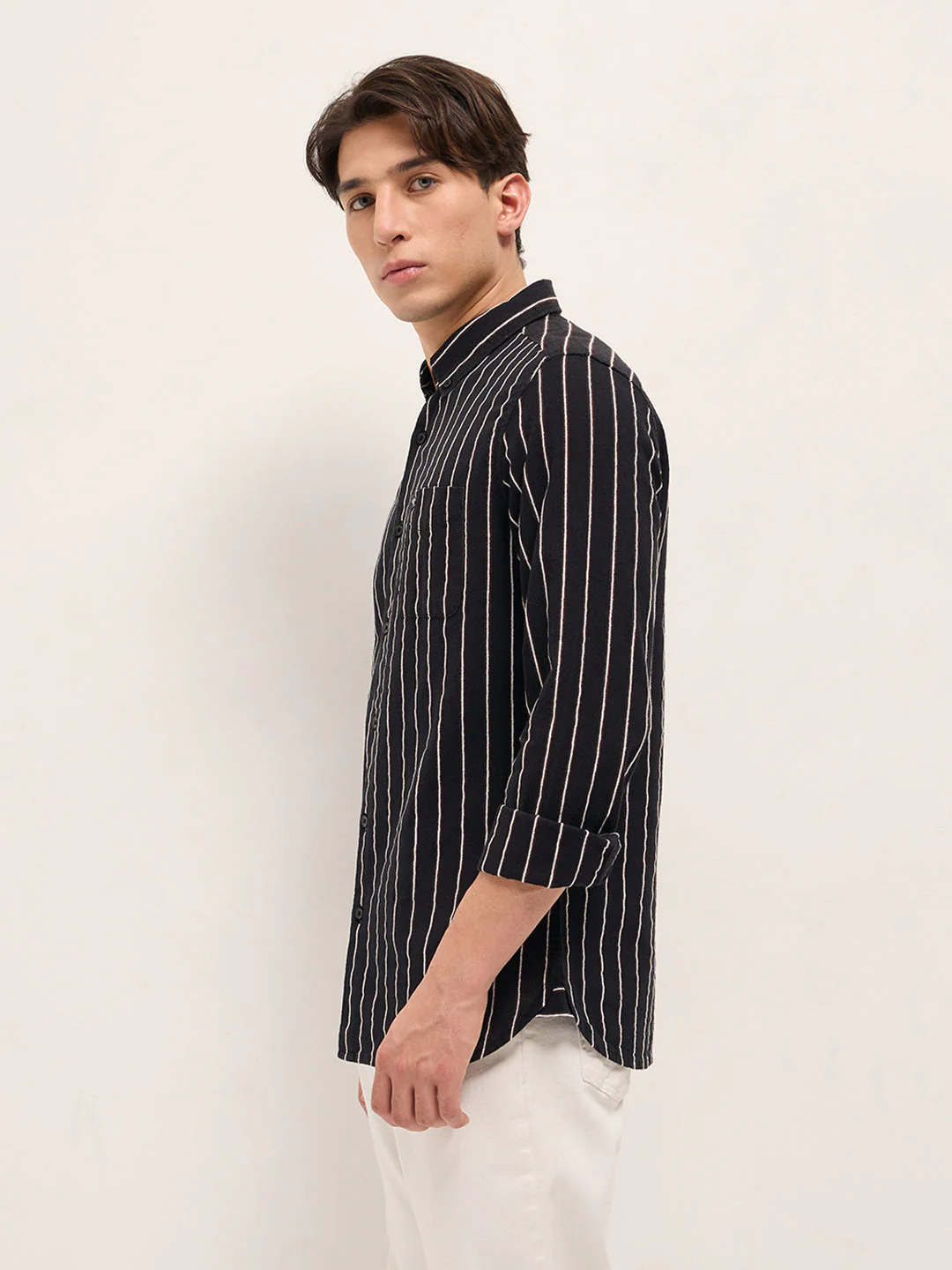 Men Black Cotton Woven Stripes Slim Fit Casual Shirt - Image 3