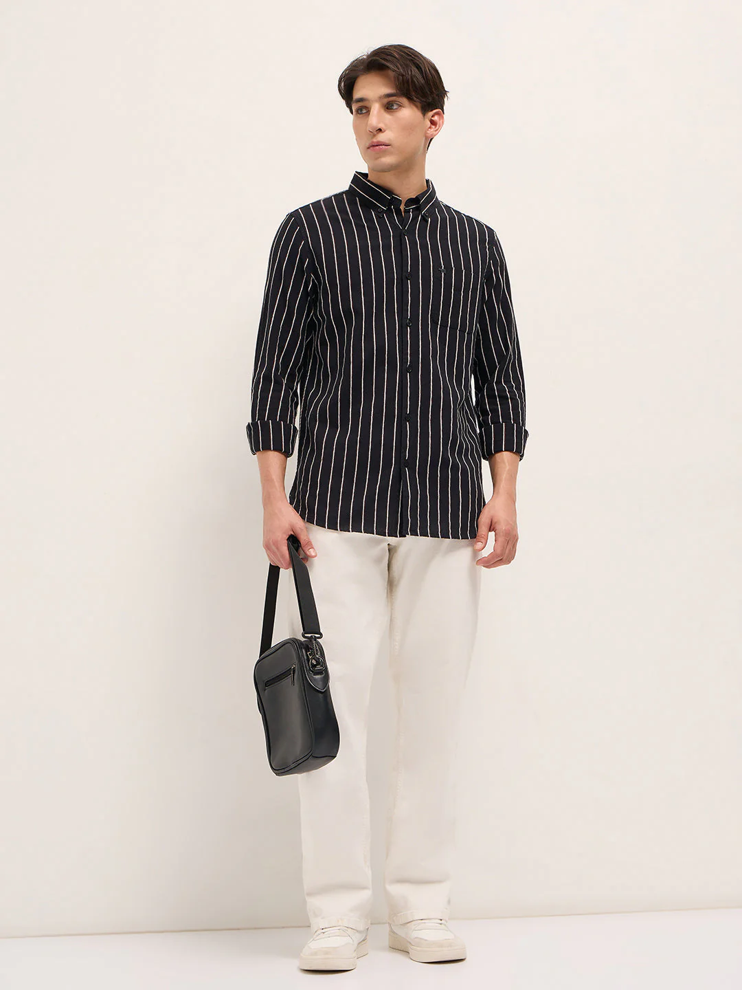Men Black Cotton Woven Stripes Slim Fit Casual Shirt - Image 4