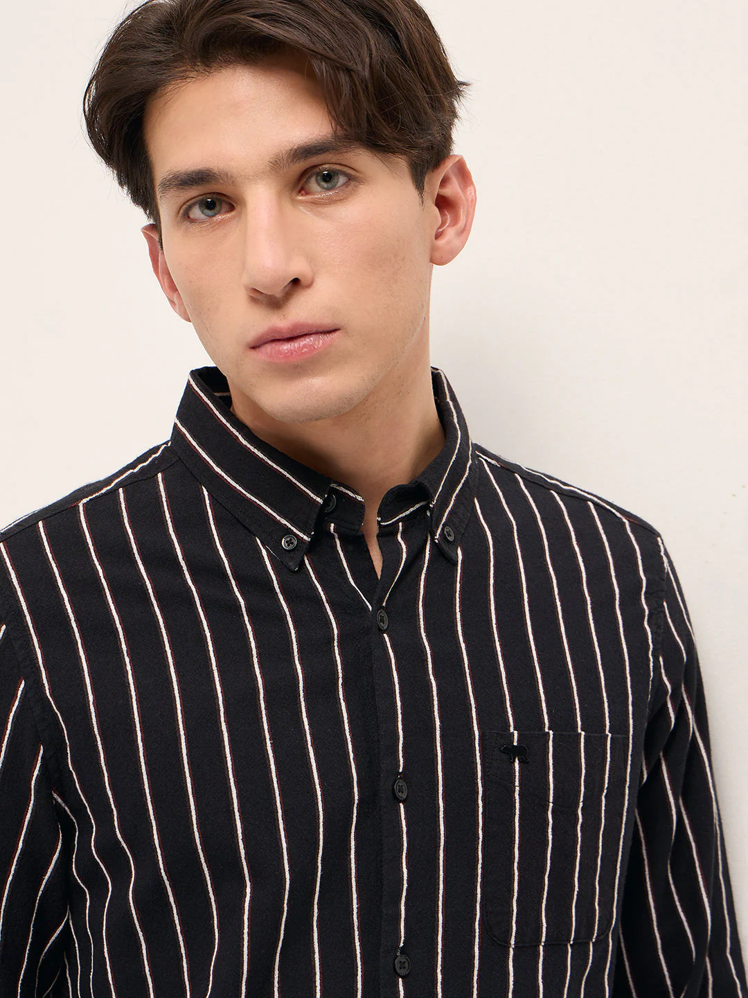 Men Black Cotton Woven Stripes Slim Fit Casual Shirt - Image 5