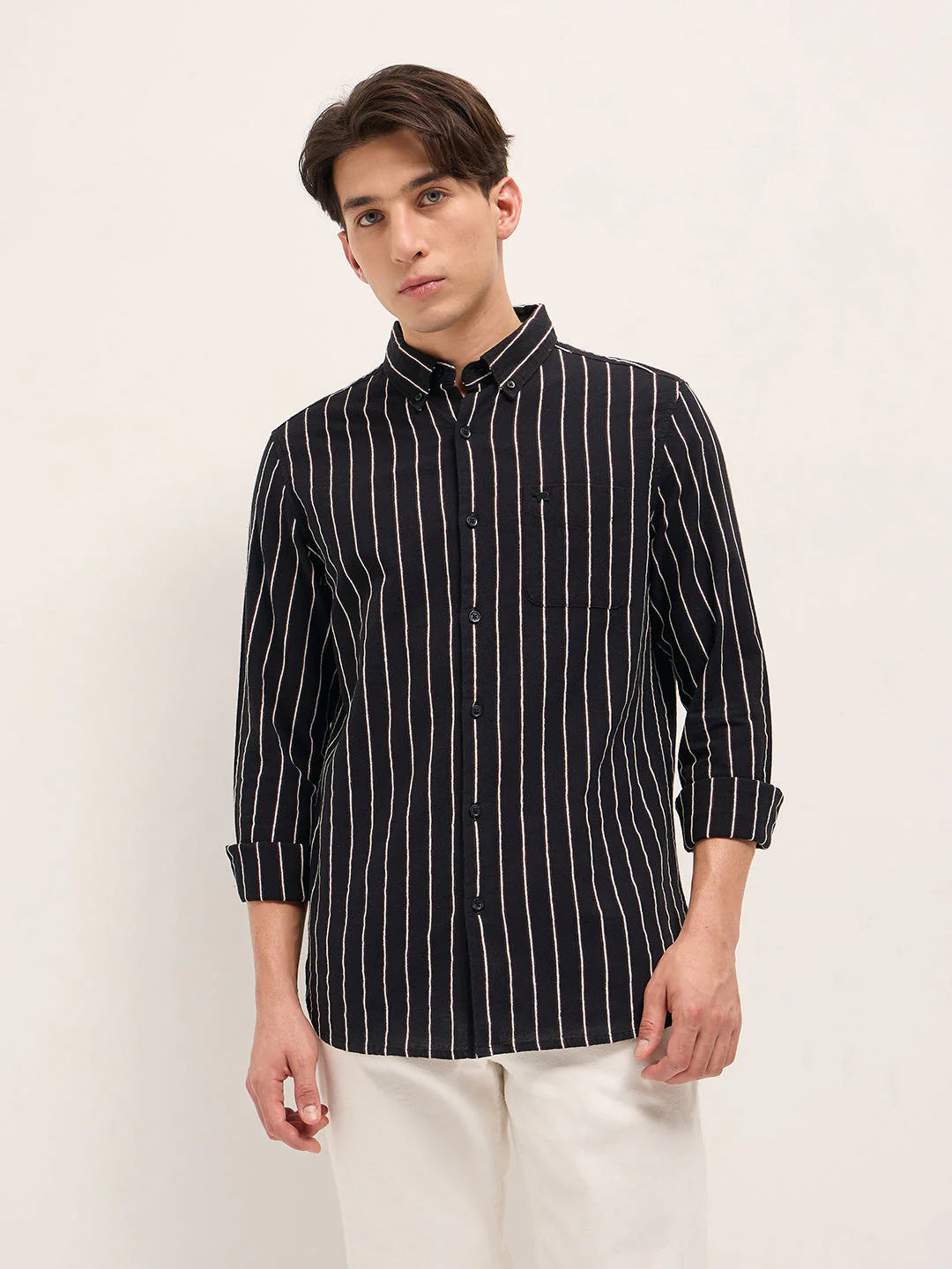 Men Black Cotton Woven Stripes Slim Fit Casual Shirt - Image 6