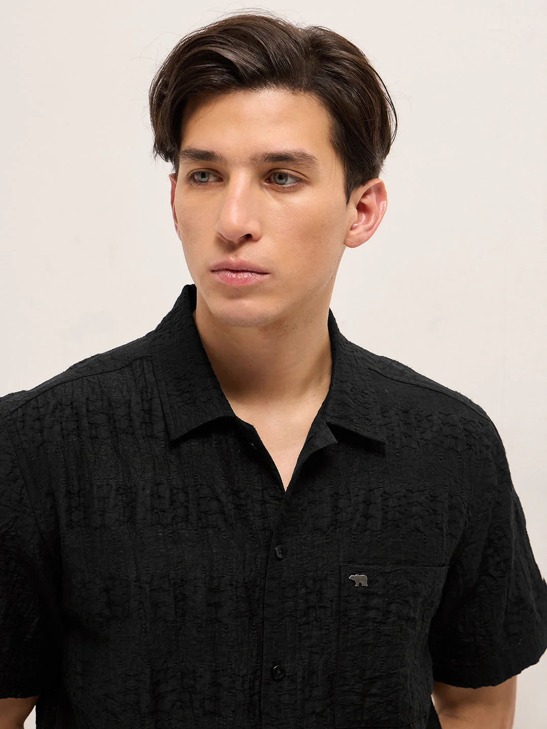 Men Black Crinkle Textured Regular Fit Half-Sleeve Casual Shirt - Image 5