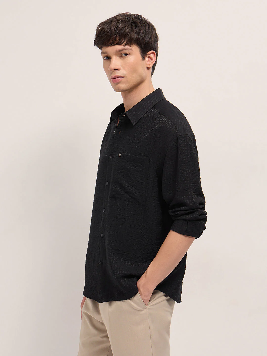 Men Black Crinkled Stripe Textured Relaxed Fit Long Sleeve Shirt - Image 3