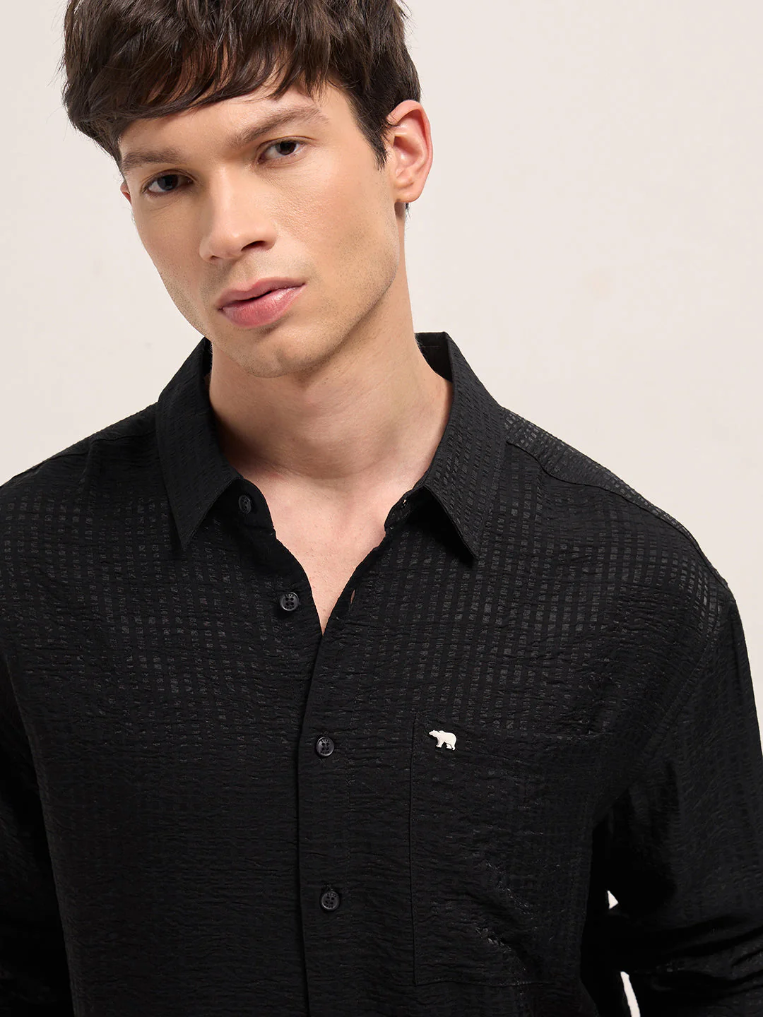 Men Black Crinkled Stripe Textured Relaxed Fit Long Sleeve Shirt - Image 5
