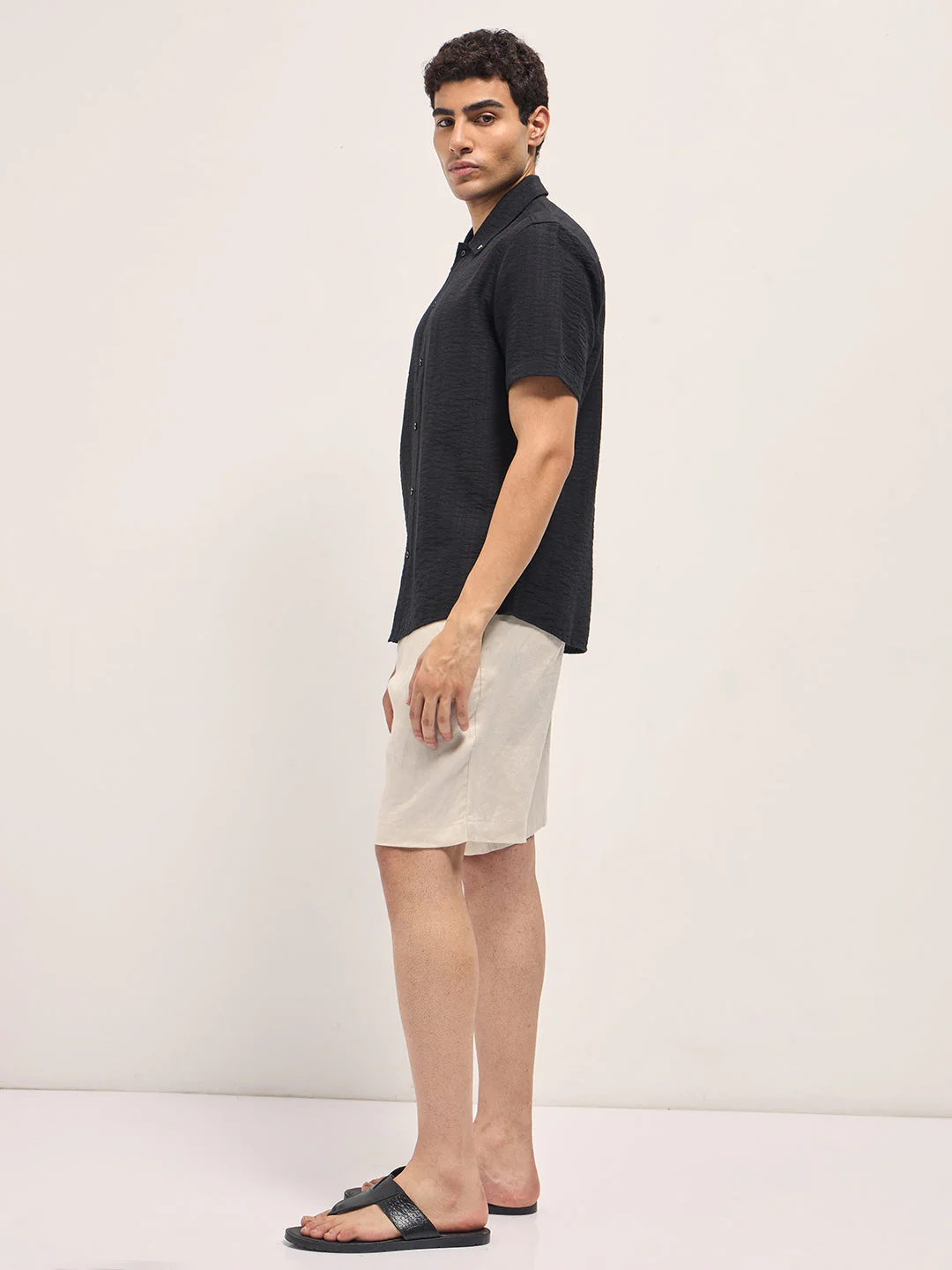 Men Black Crinkled Textured Regular Fit Half-Sleeve Casual Shirt - Image 3