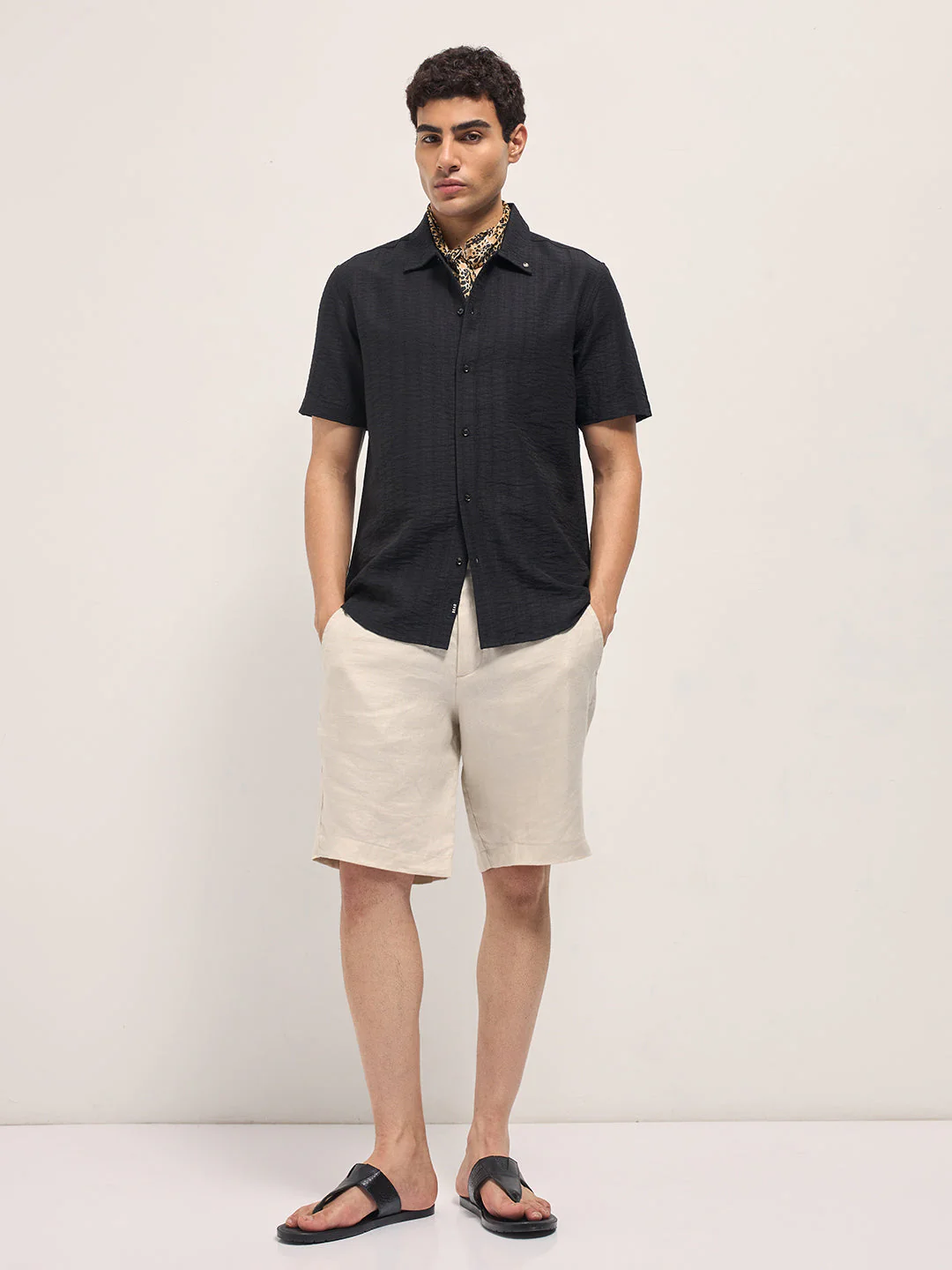 Men Black Crinkled Textured Regular Fit Half-Sleeve Casual Shirt - Image 4
