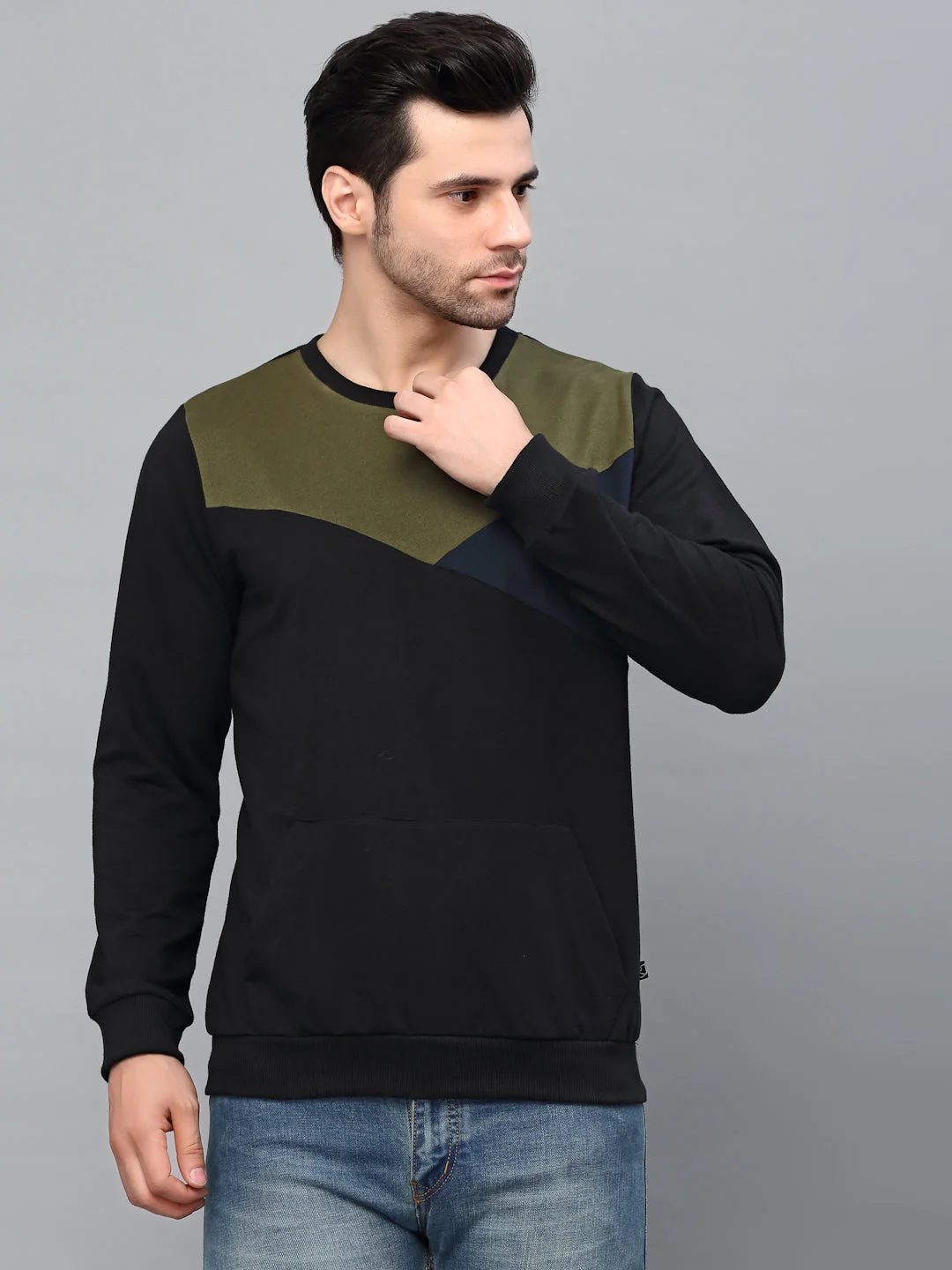 Men Black Cut & Sew Round Neck Terry Sweatshirt - Image 2