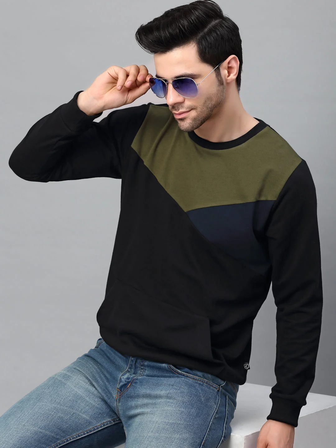 Men Black Cut & Sew Round Neck Terry Sweatshirt - Image 3