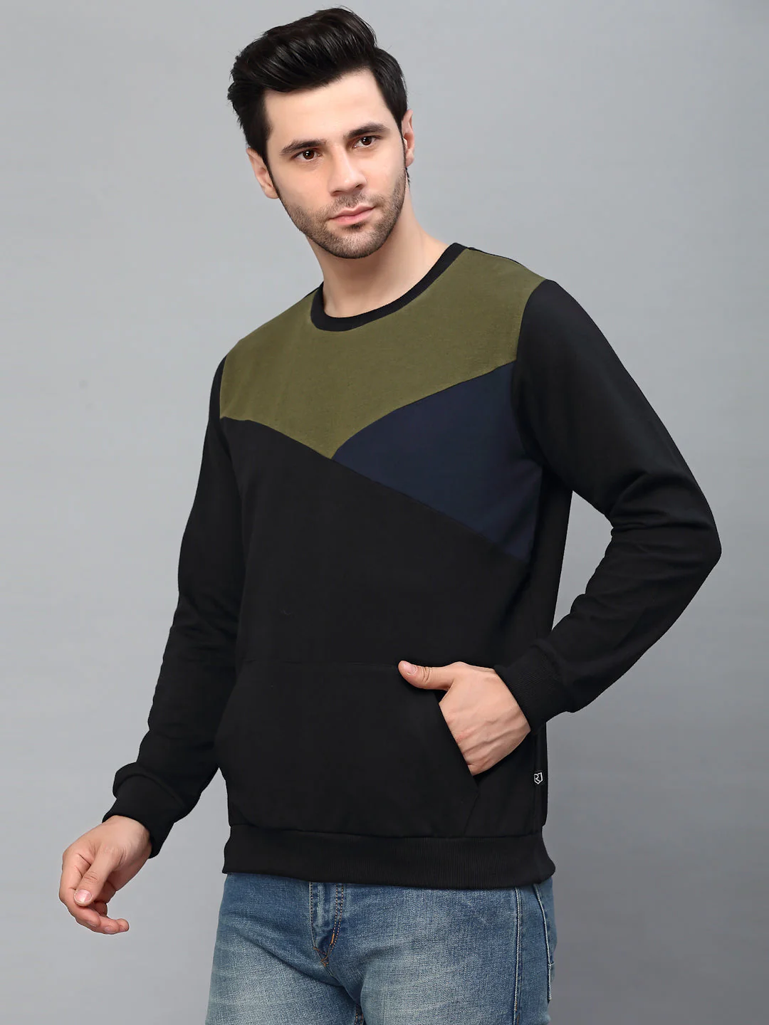 Men Black Cut & Sew Round Neck Terry Sweatshirt - Image 4