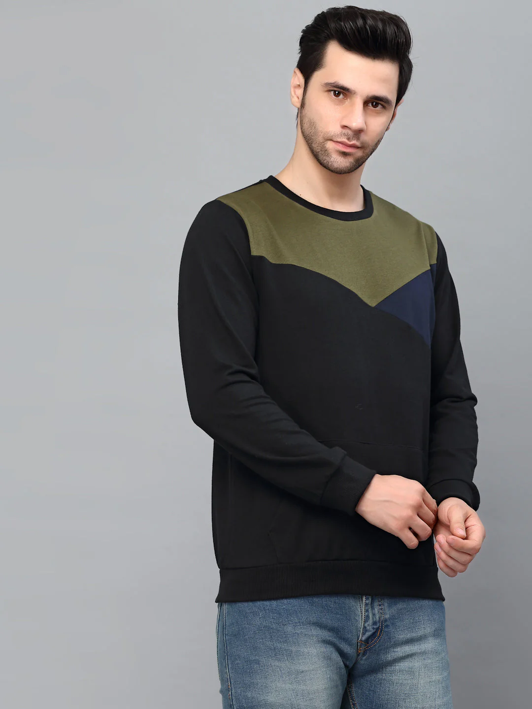 Men Black Cut & Sew Round Neck Terry Sweatshirt - Image 5