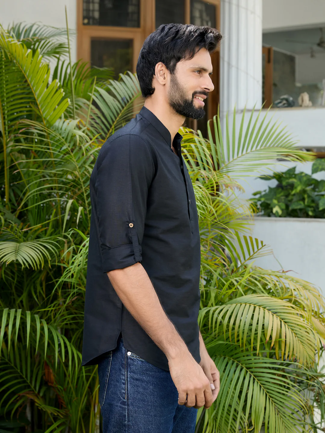 Men Black Deluxe Cotton Short Kurta - Image 3