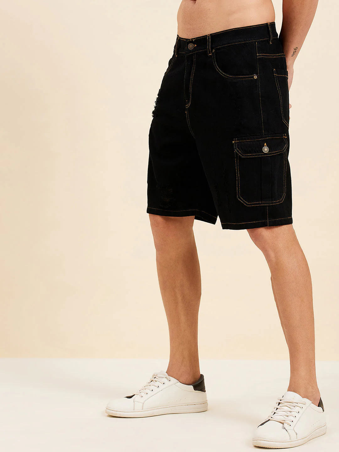 Men Black Denim Box Pocket Shorts - Image 3