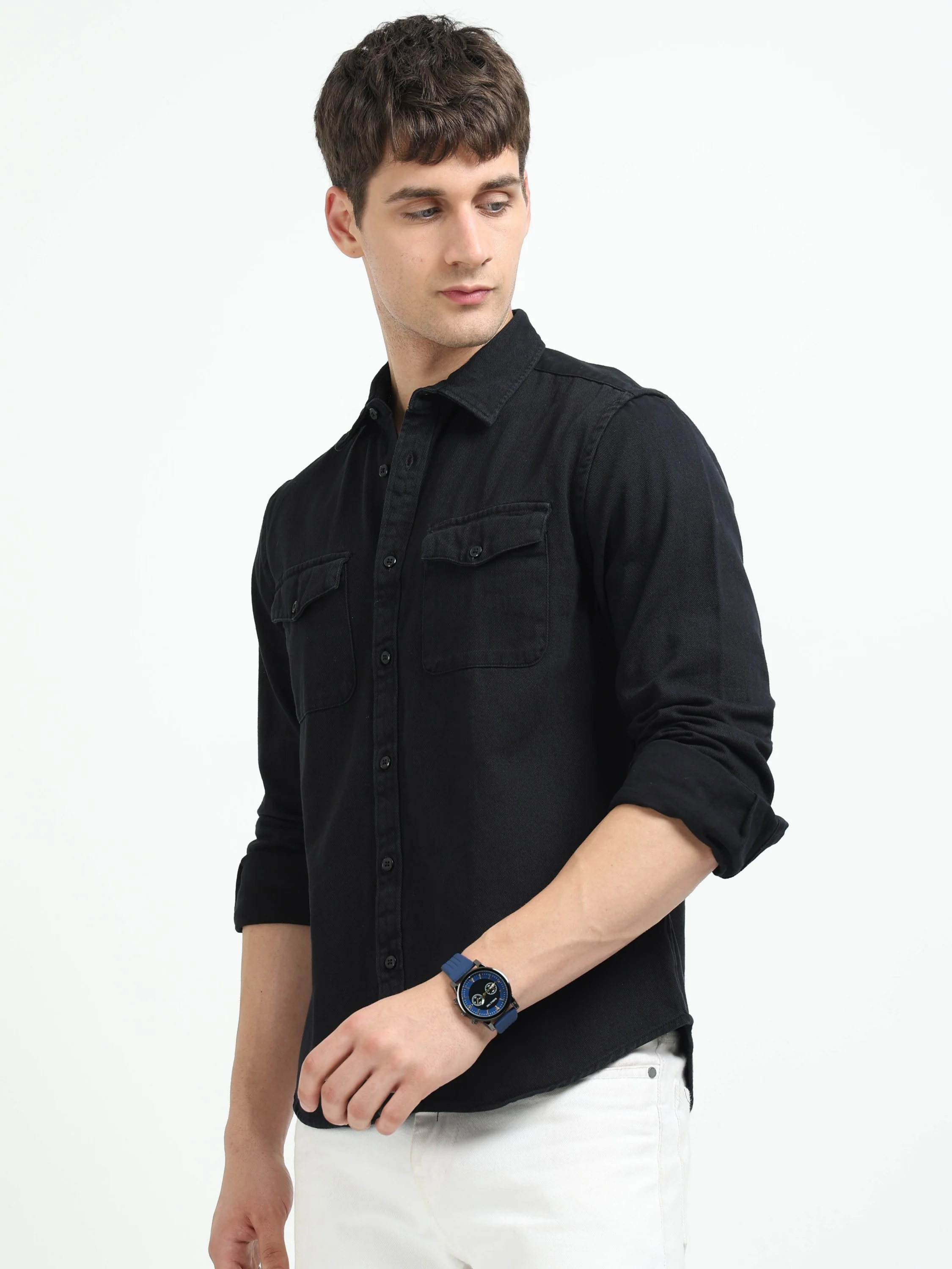 Men Black Denim Cotton Western Shirt - Image 2