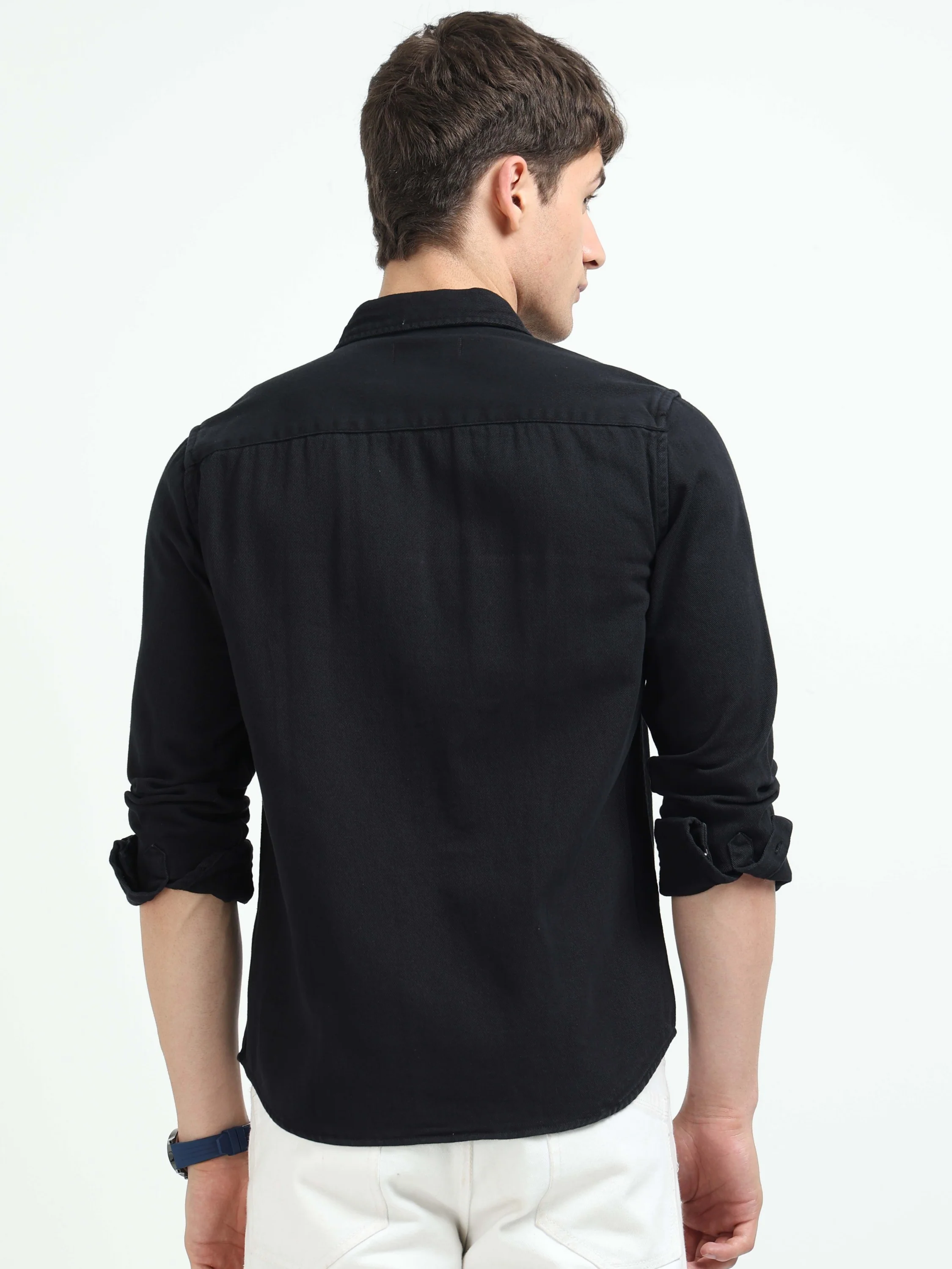 Men Black Denim Cotton Western Shirt - Image 3