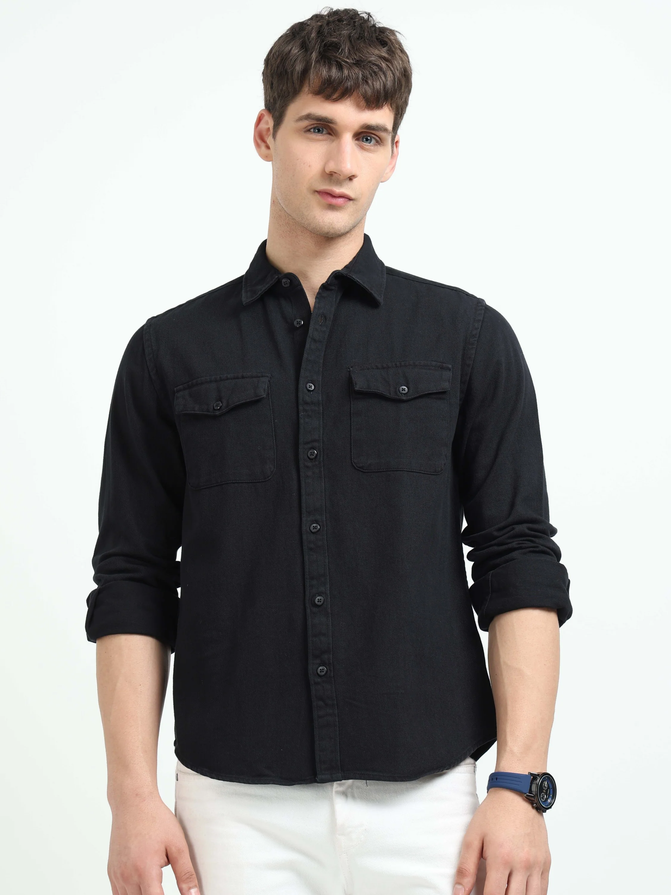 Men Black Denim Cotton Western Shirt - Image 6