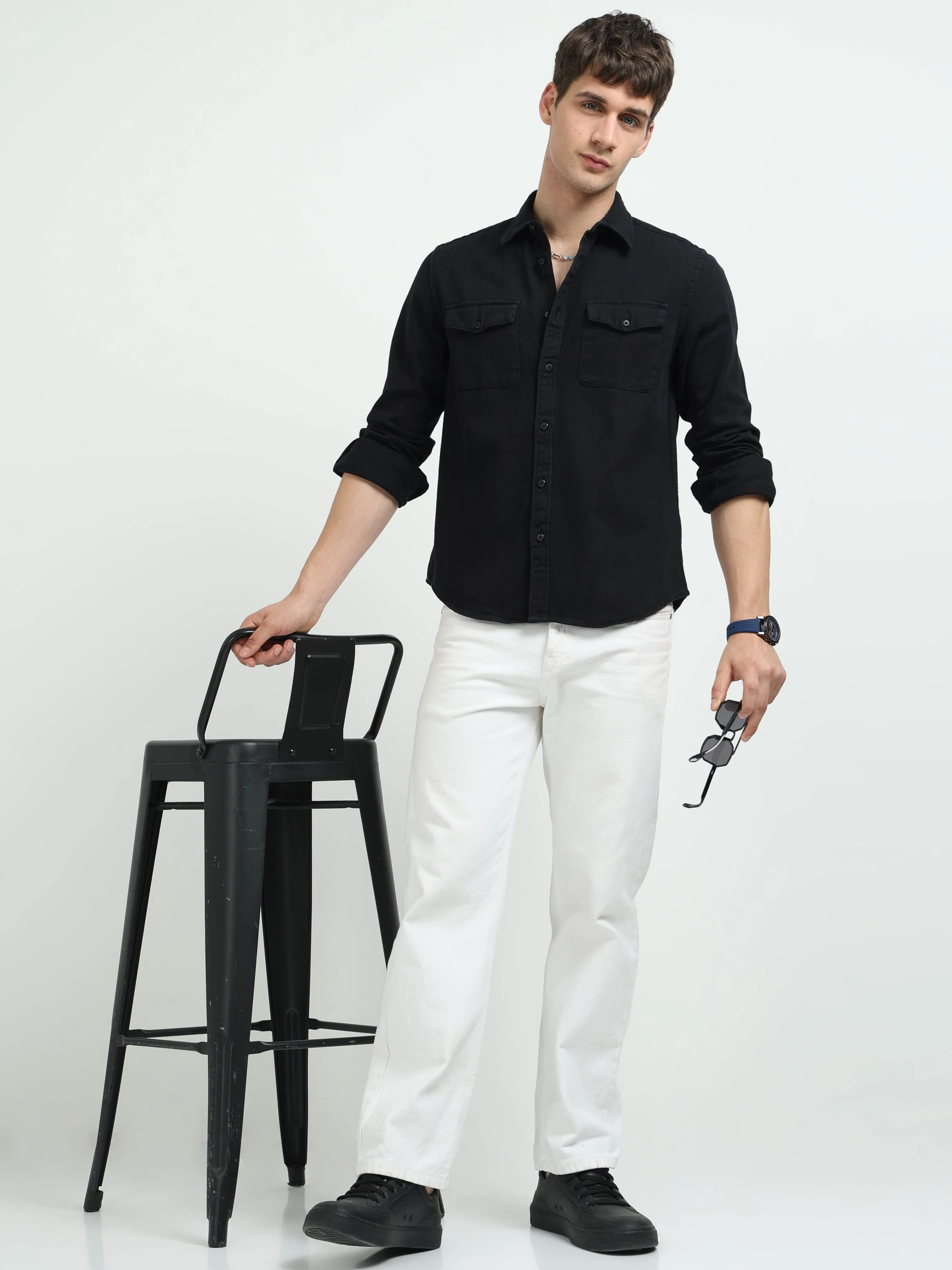 Men Black Denim Cotton Western Shirt - Image 7