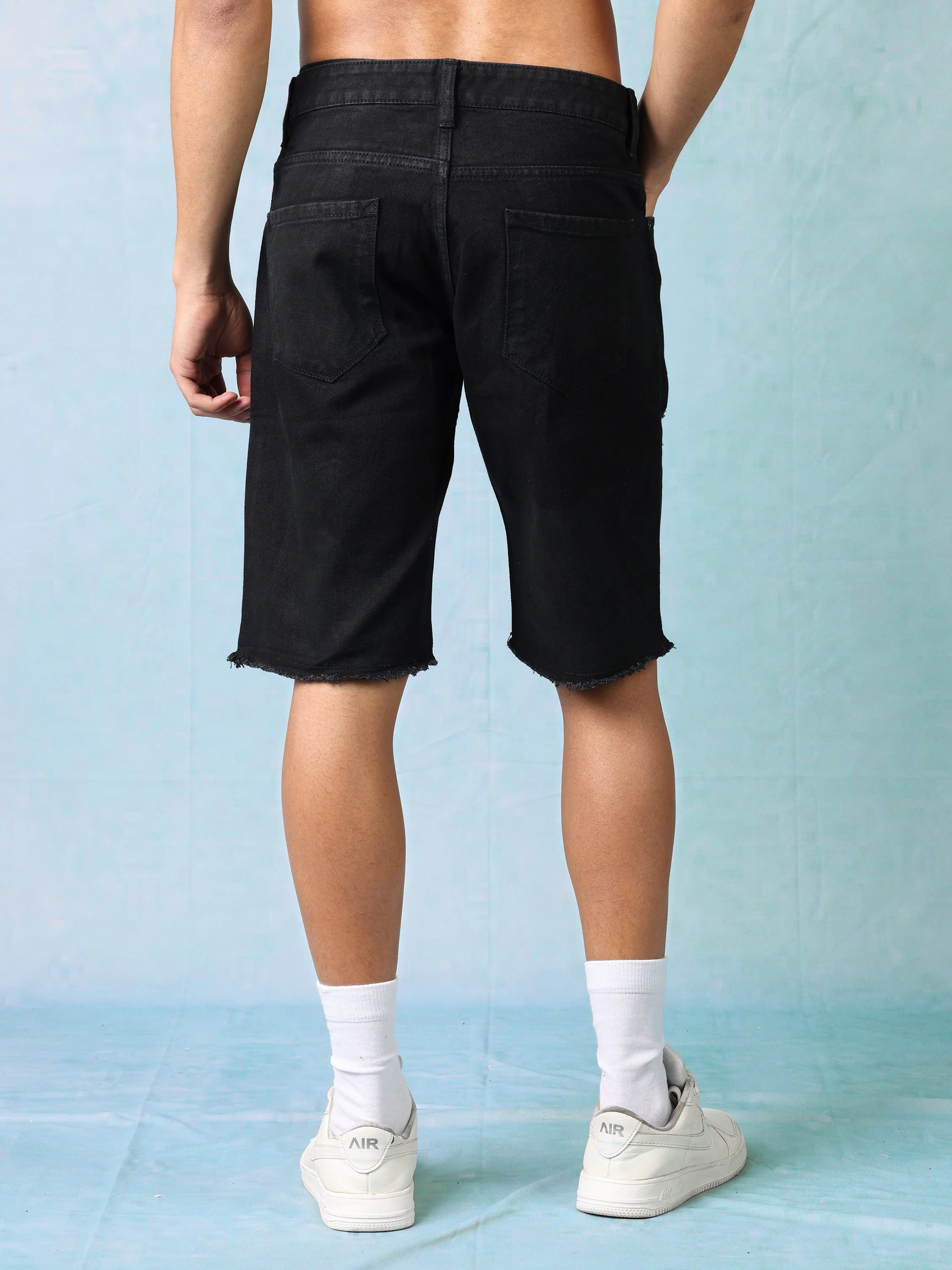 Men Black Denim Mid Waist Rugged Shorts - Image 6