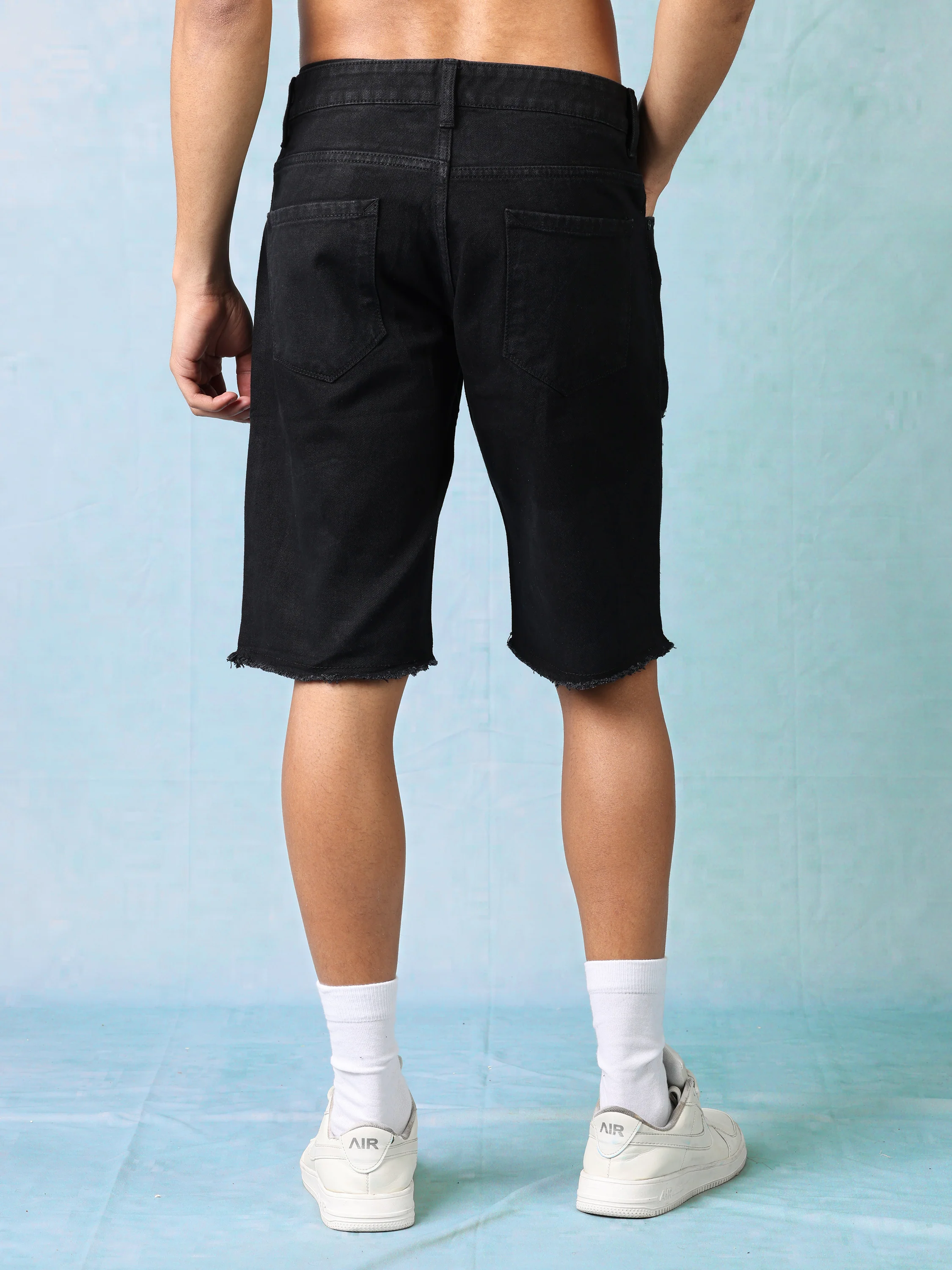 Men Black Denim Mid Waist Rugged Shorts - Image 6