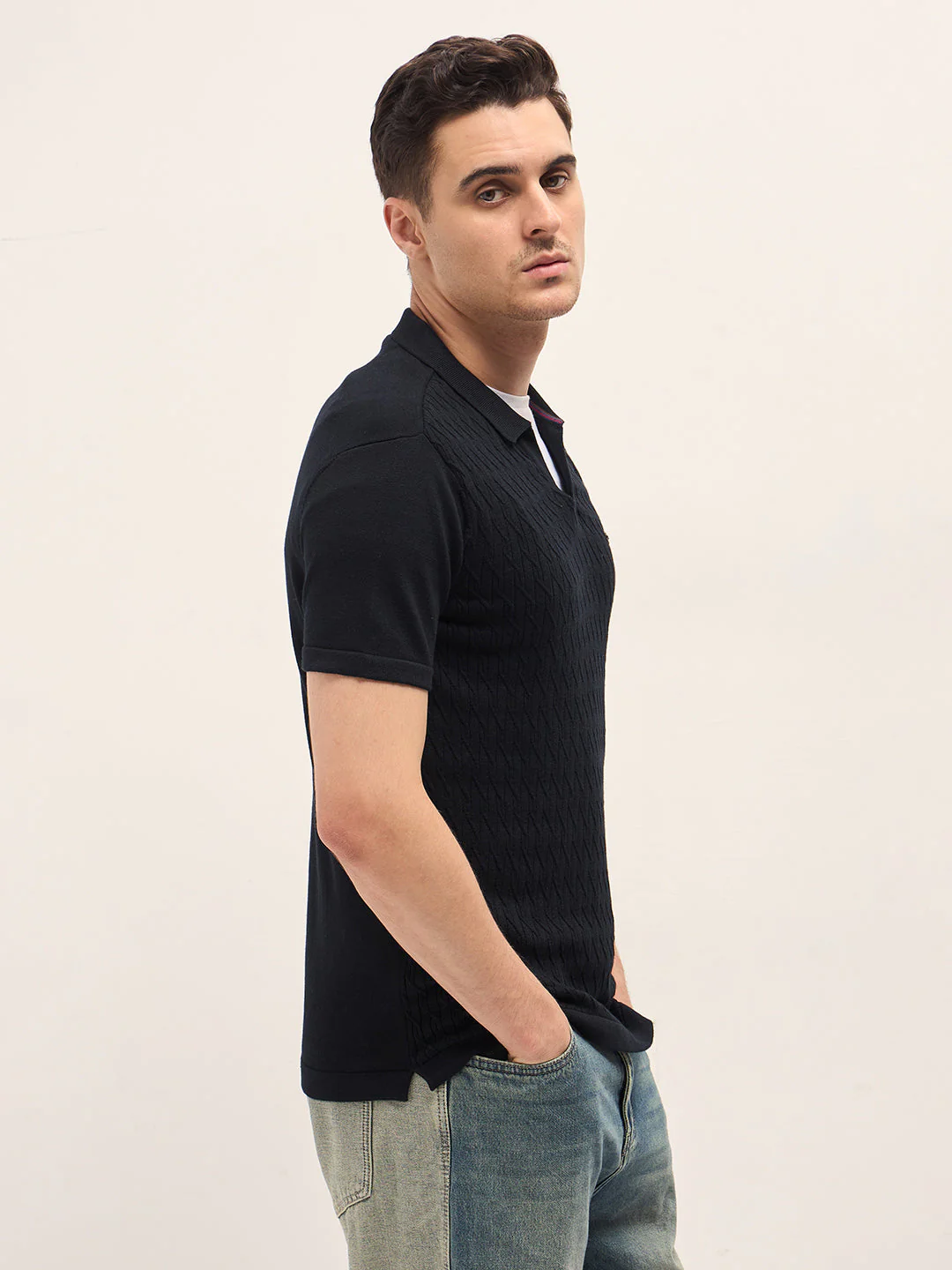 Men Black Diagonal Knit Texture Regular Fit Polo - Image 3