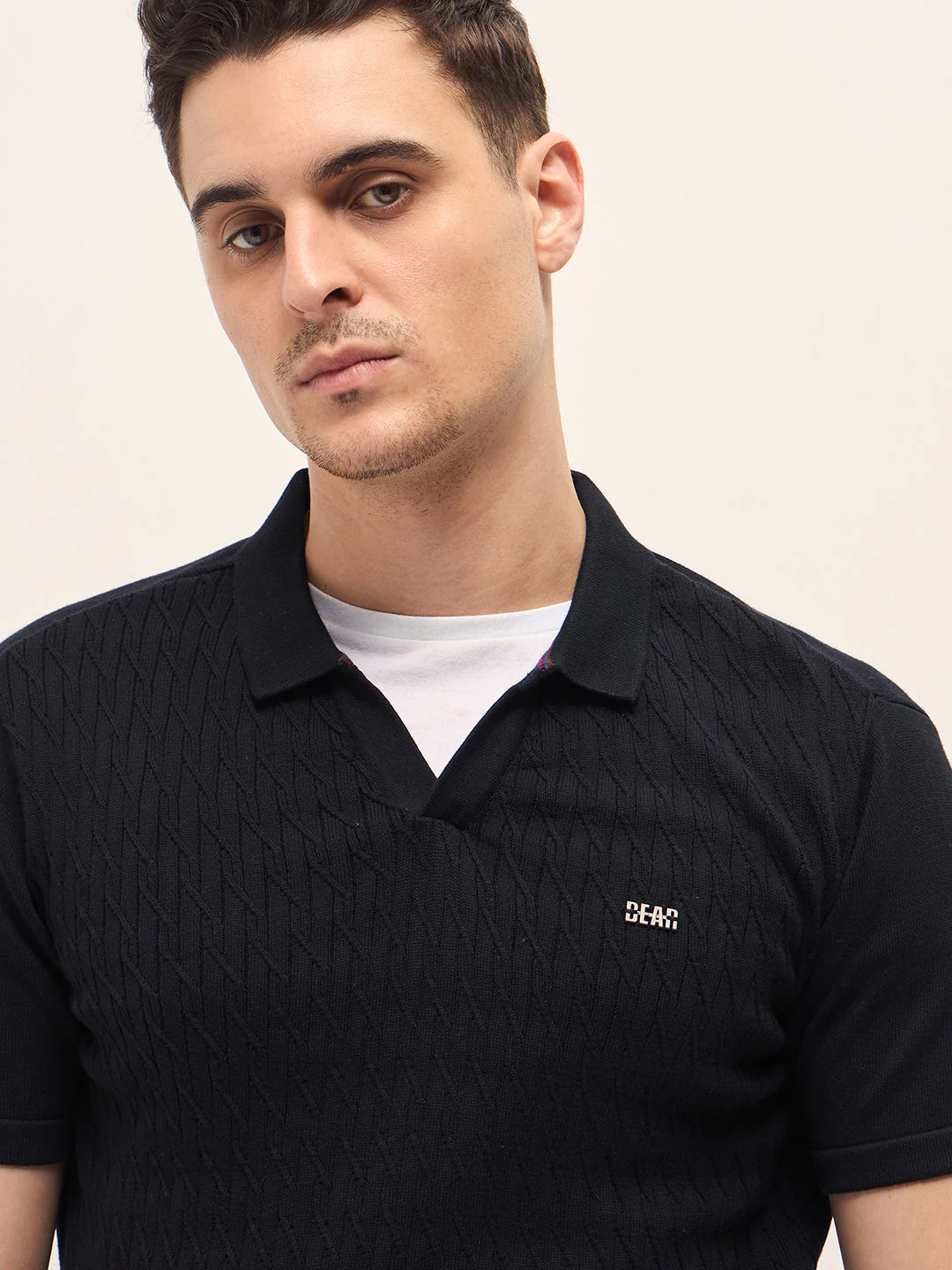 Men Black Diagonal Knit Texture Regular Fit Polo - Image 5