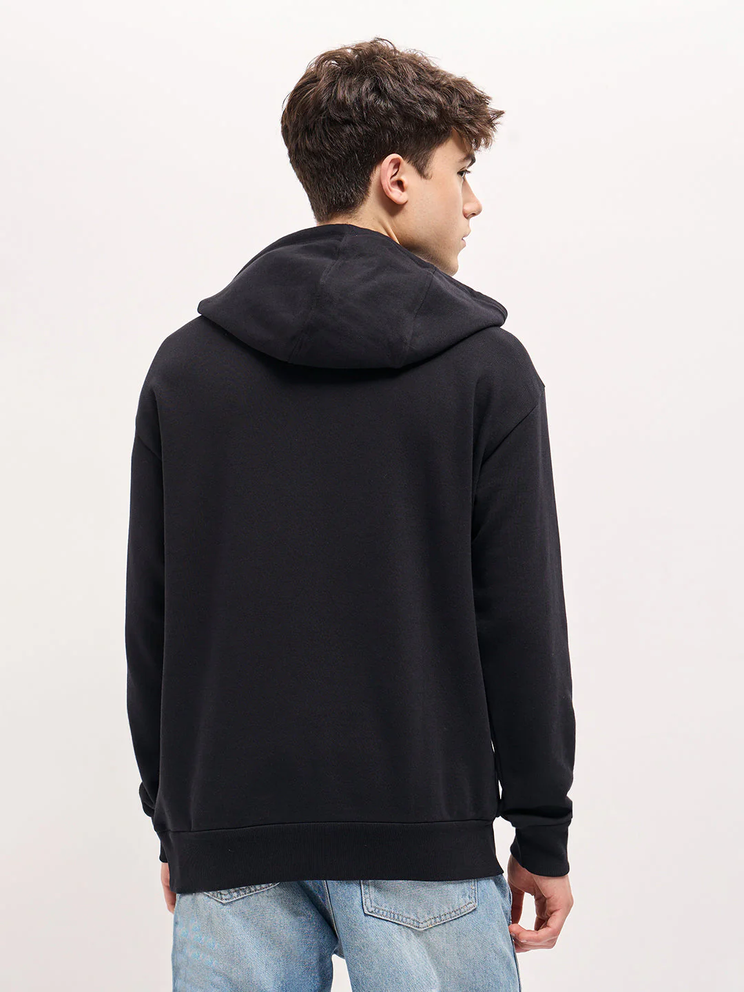 Men Black Distressed Graphic Design Relax Fit Hoodie - Image 2