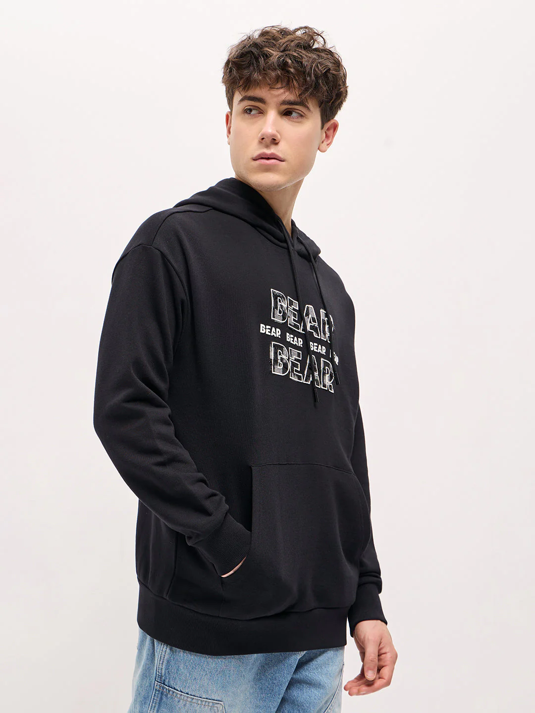Men Black Distressed Graphic Design Relax Fit Hoodie - Image 3