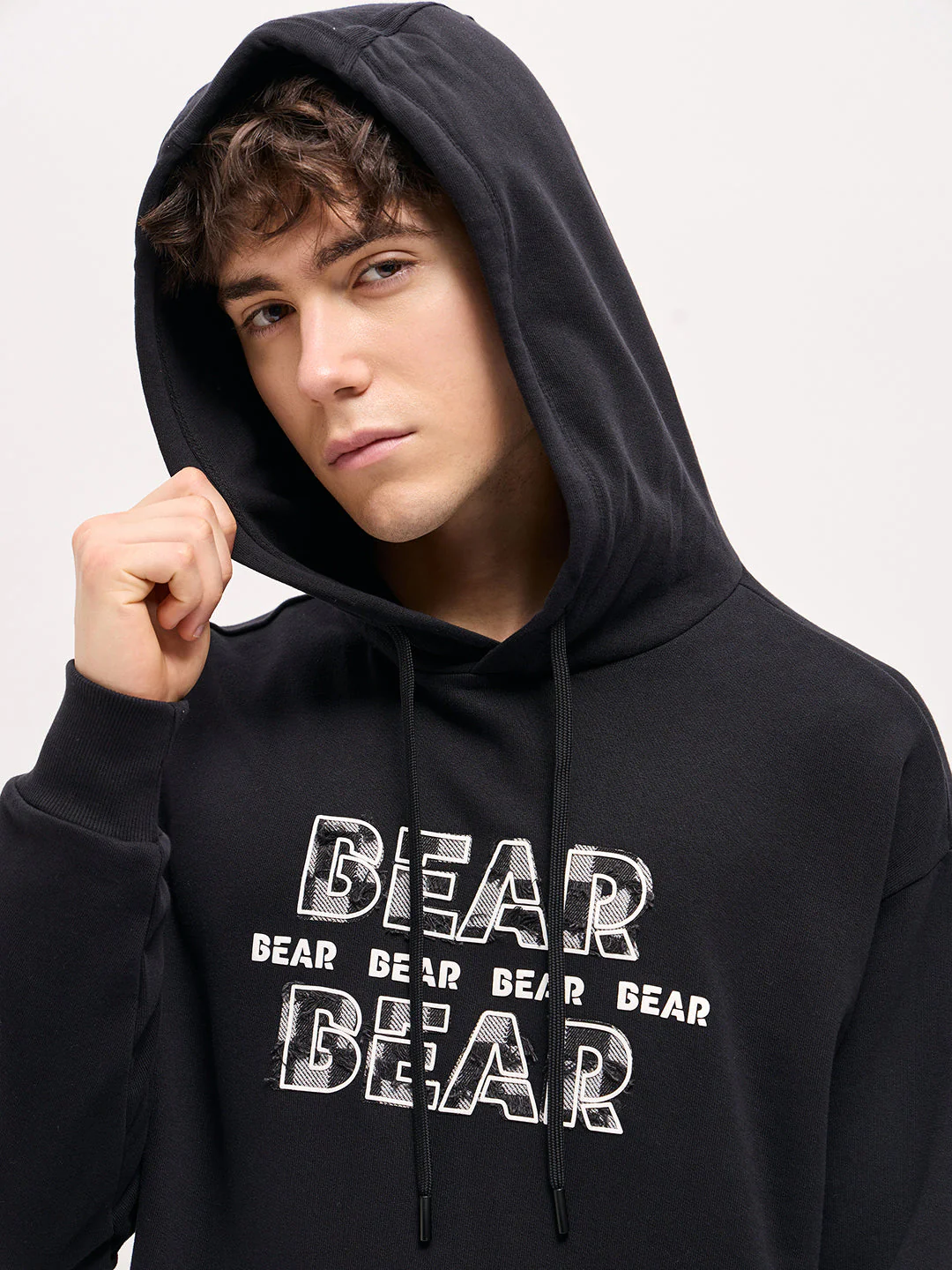 Men Black Distressed Graphic Design Relax Fit Hoodie - Image 5