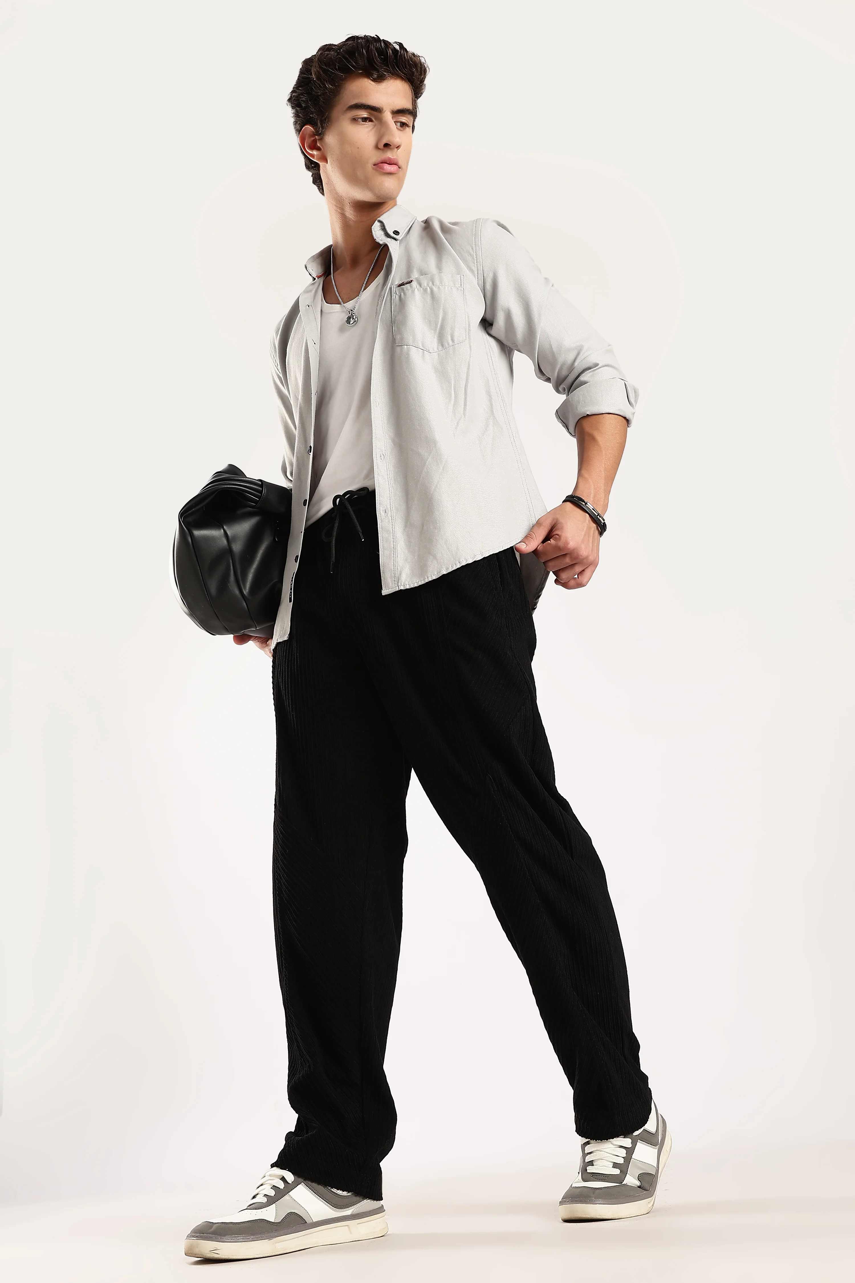 Men Black Textured Drawcord Trousers