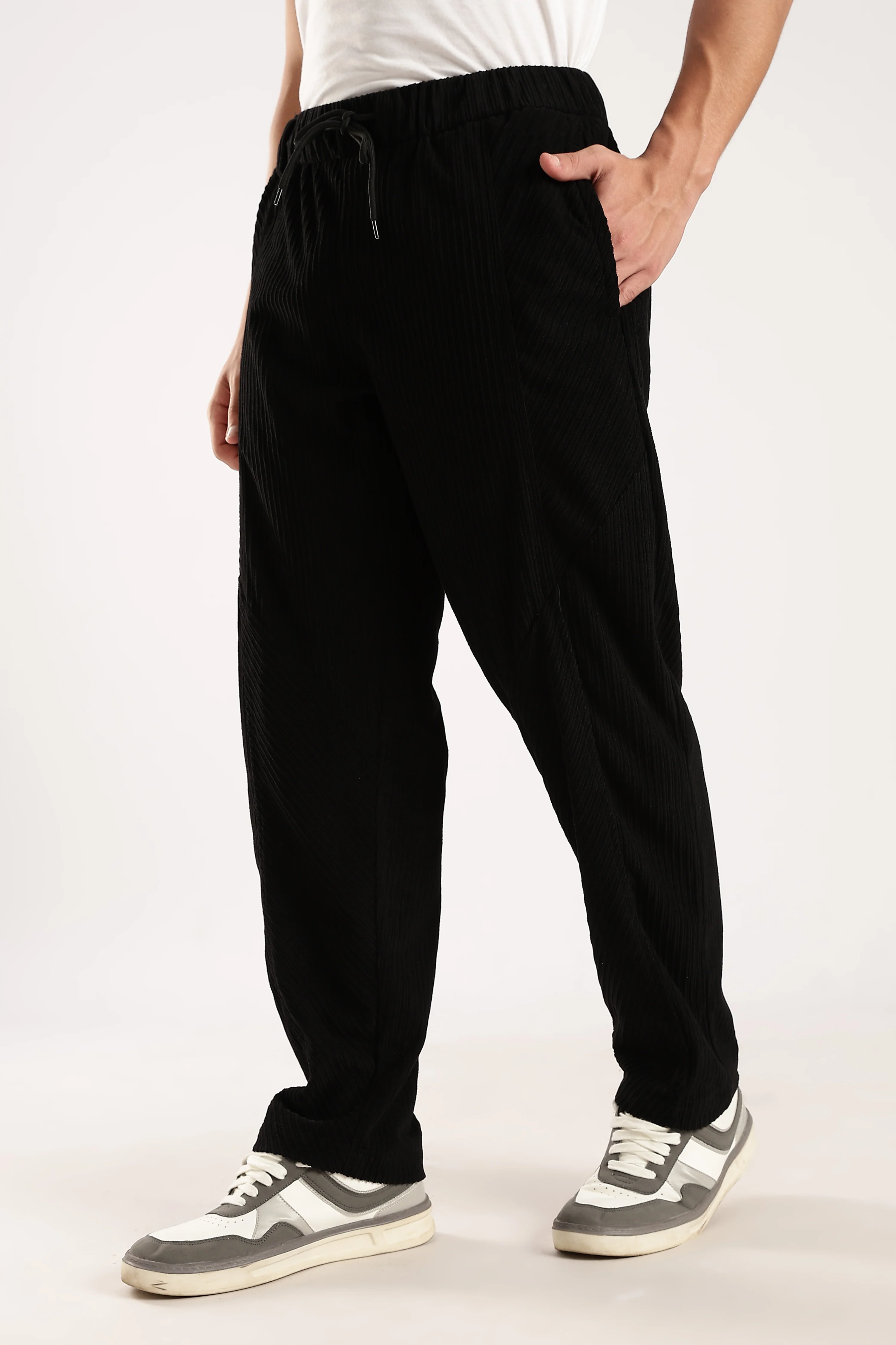 Men Black Textured Drawcord Trousers - Image 8