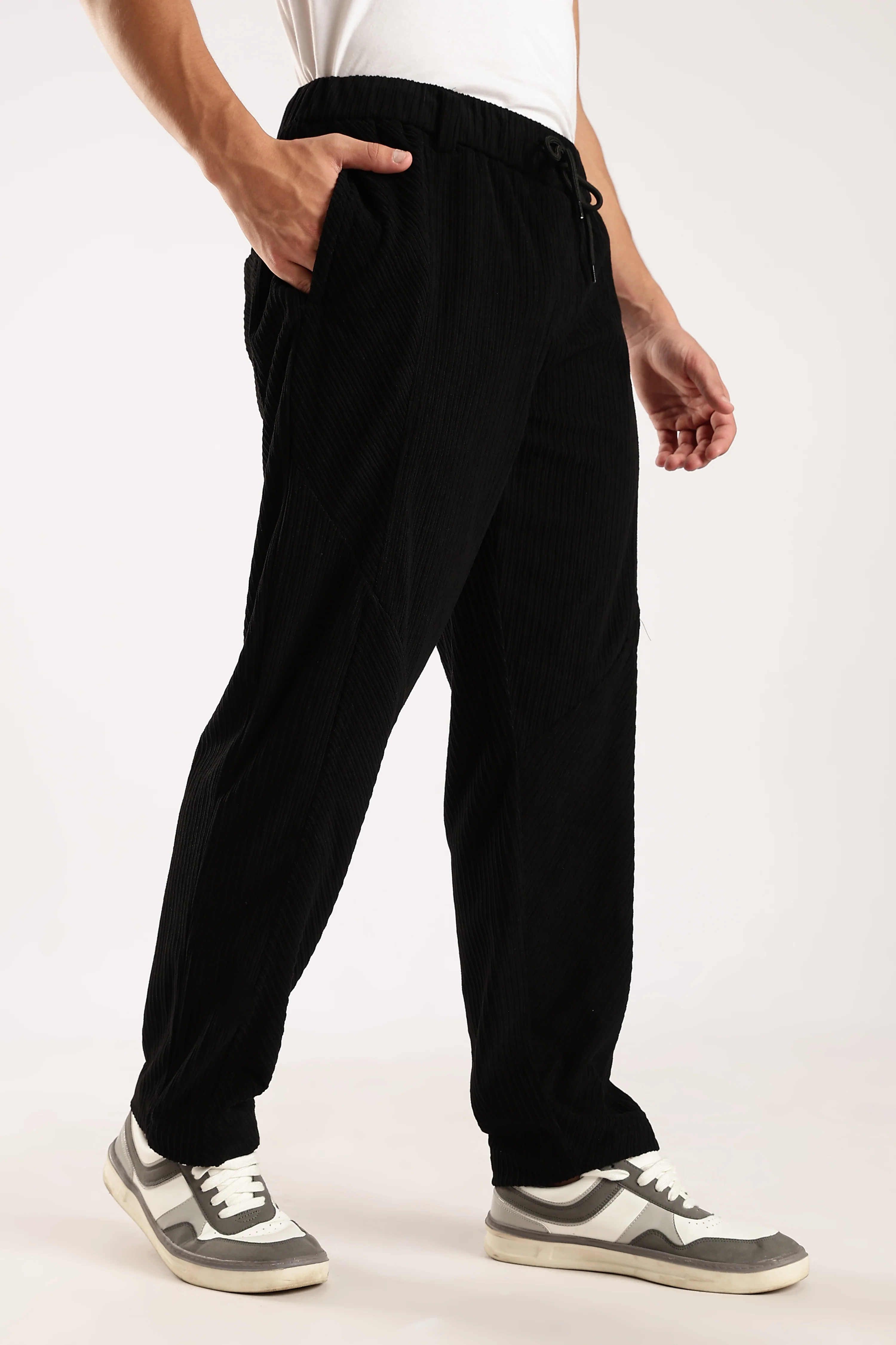 Men Black Textured Drawcord Trousers - Image 9