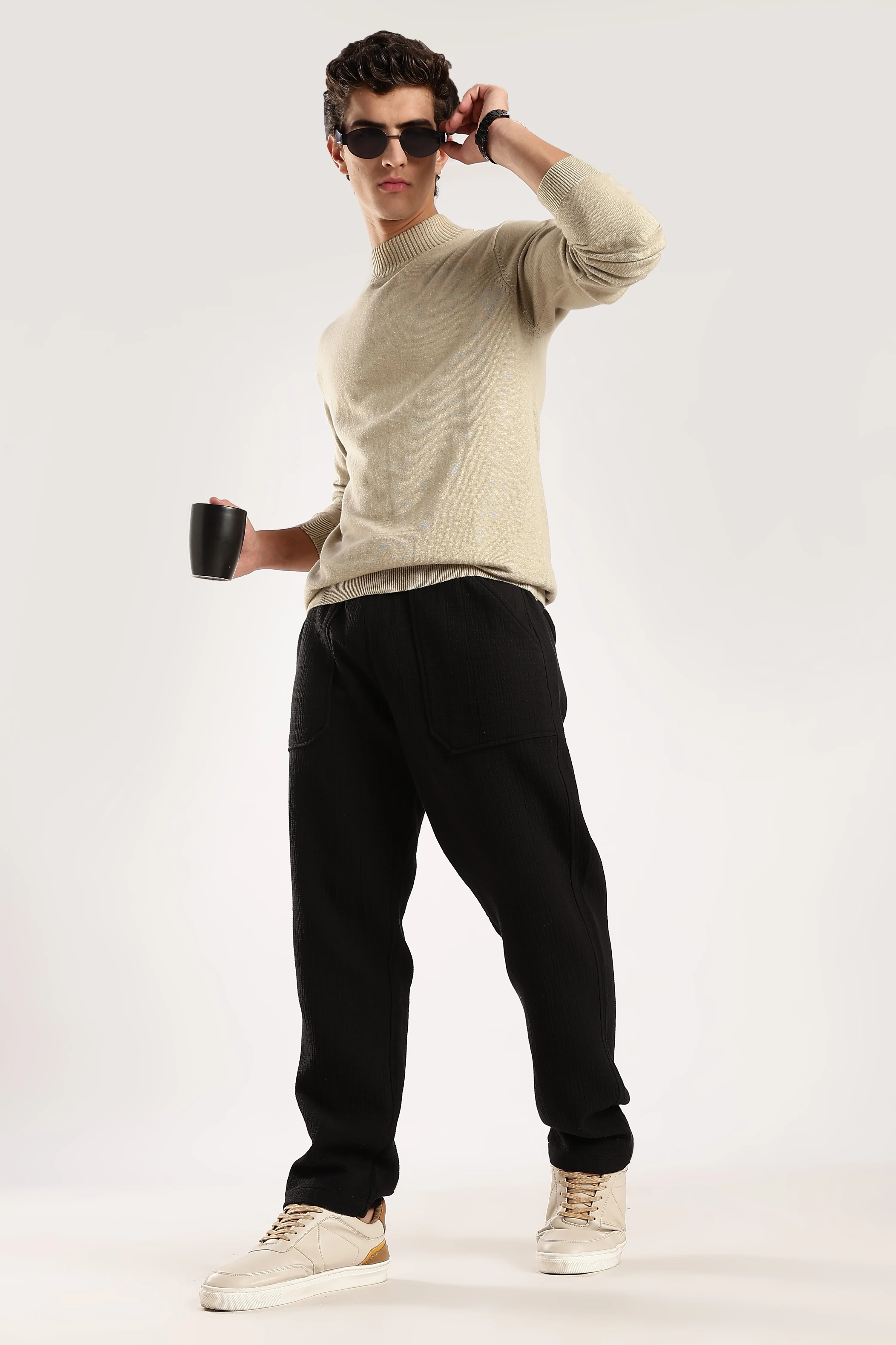 Men Black Drawcord Trousers - Image 2