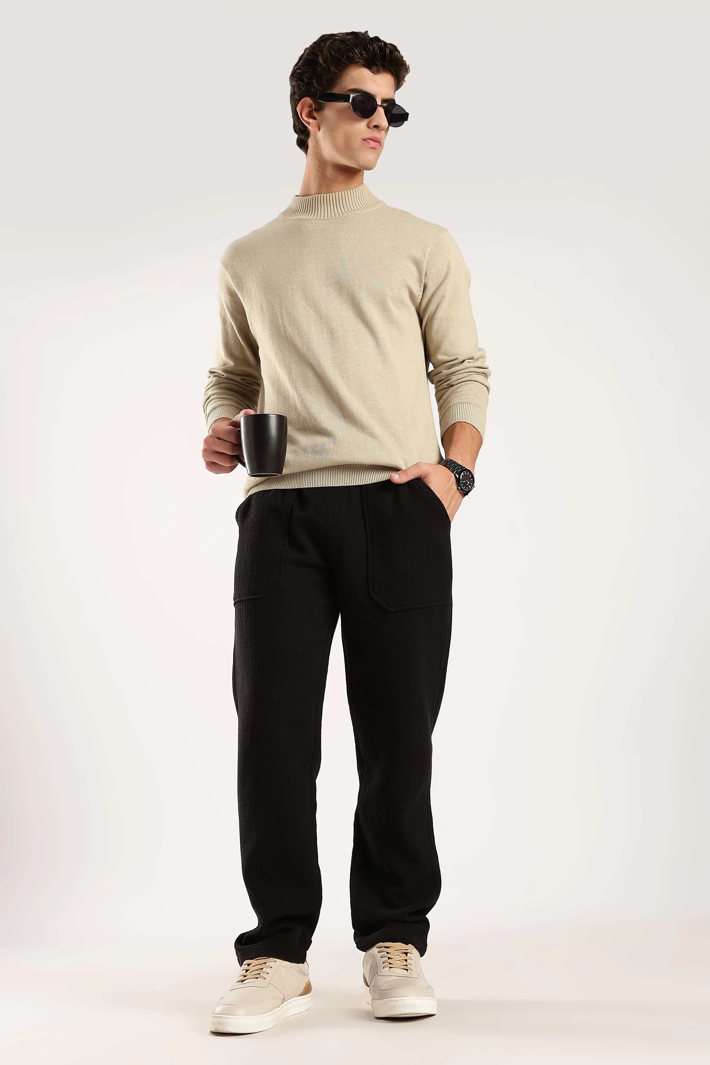 Men Black Drawcord Trousers - Image 3