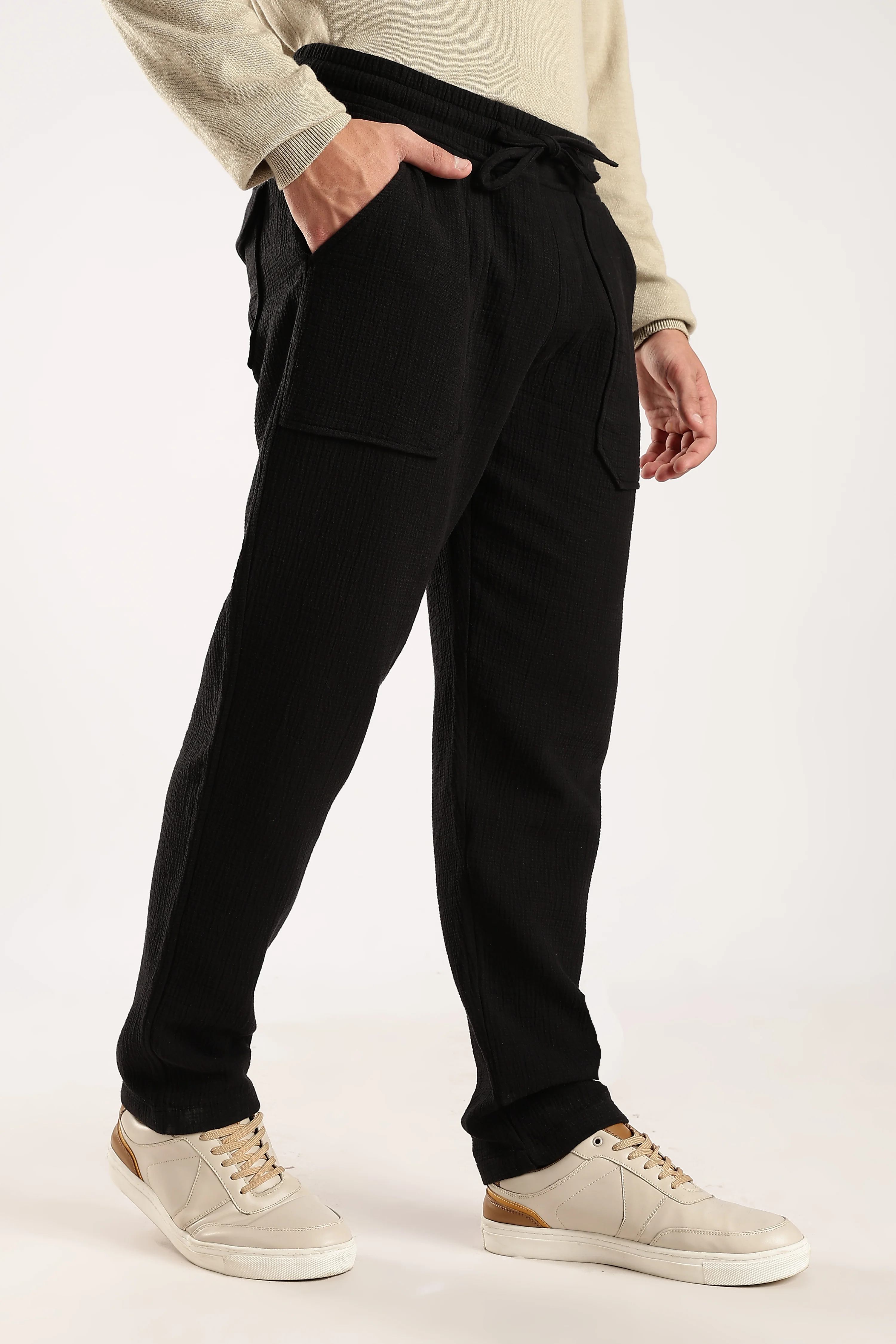 Men Black Drawcord Trousers - Image 9