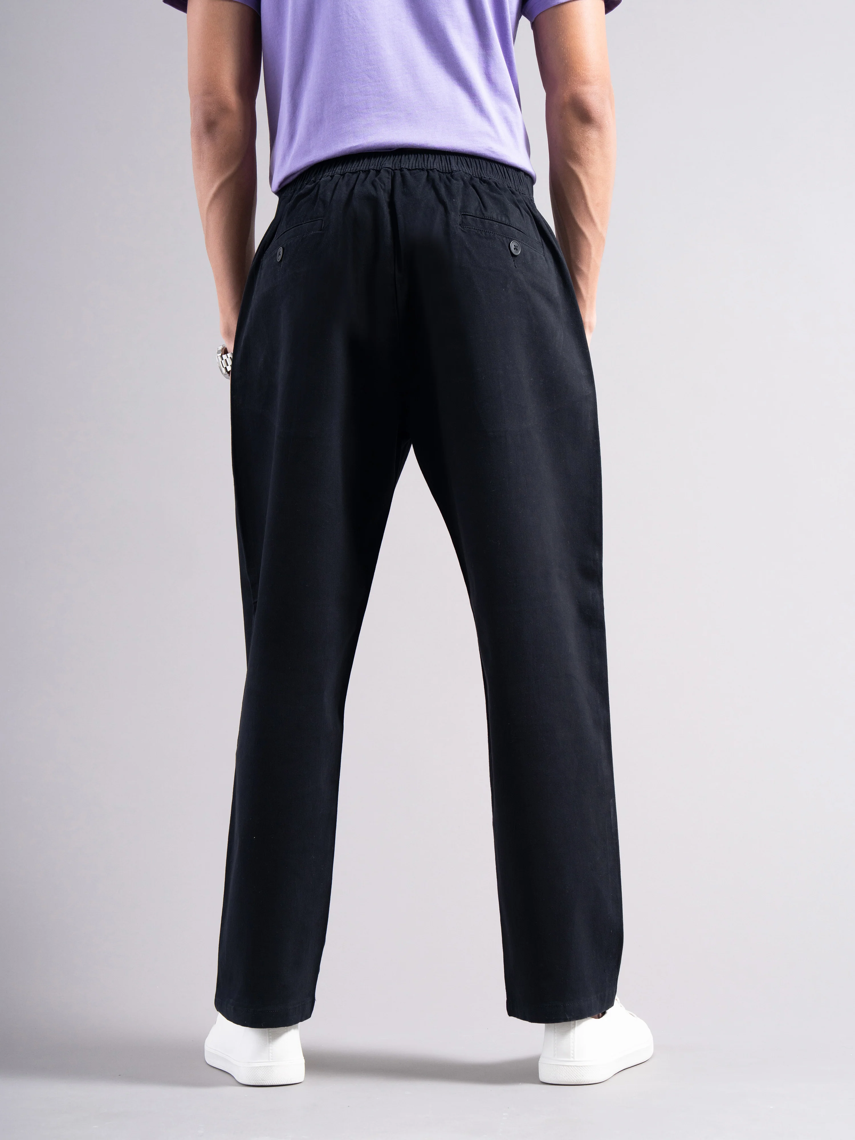 Men Black Elastic Waist Trousers - Image 2
