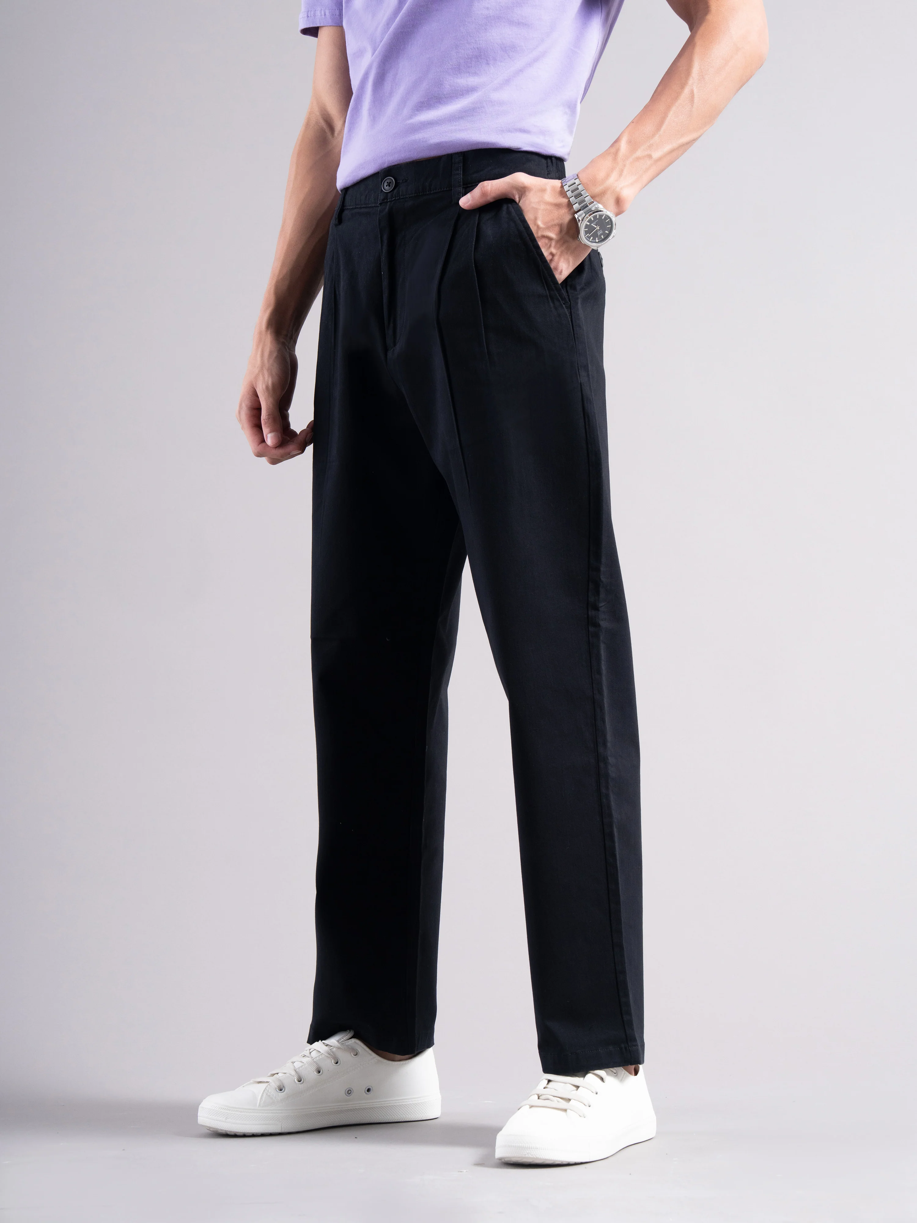 Men Black Elastic Waist Trousers - Image 3