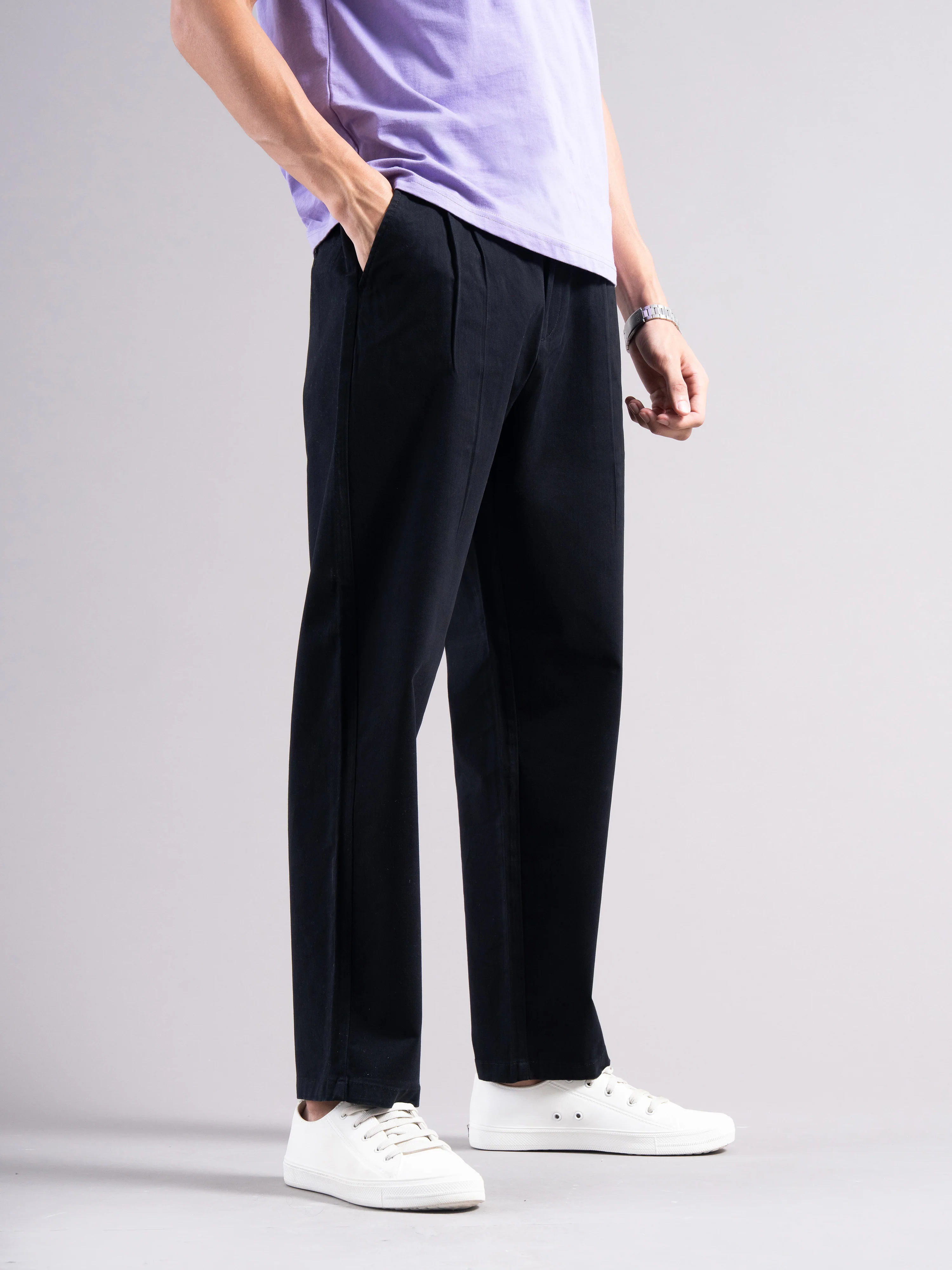 Men Black Elastic Waist Trousers - Image 6